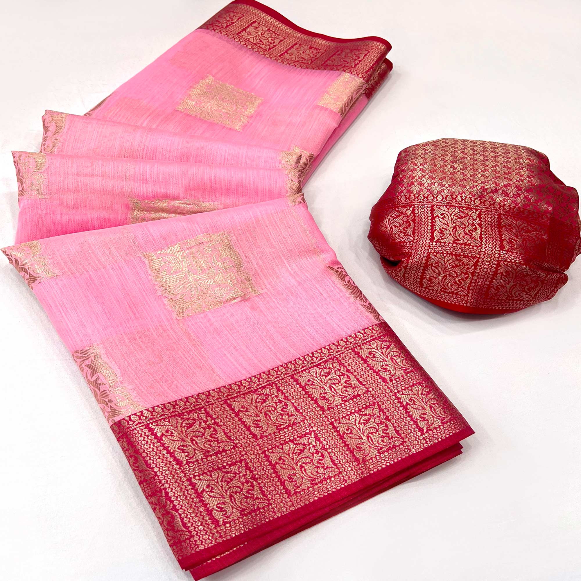 Pink Woven Linen Saree With Tassels
