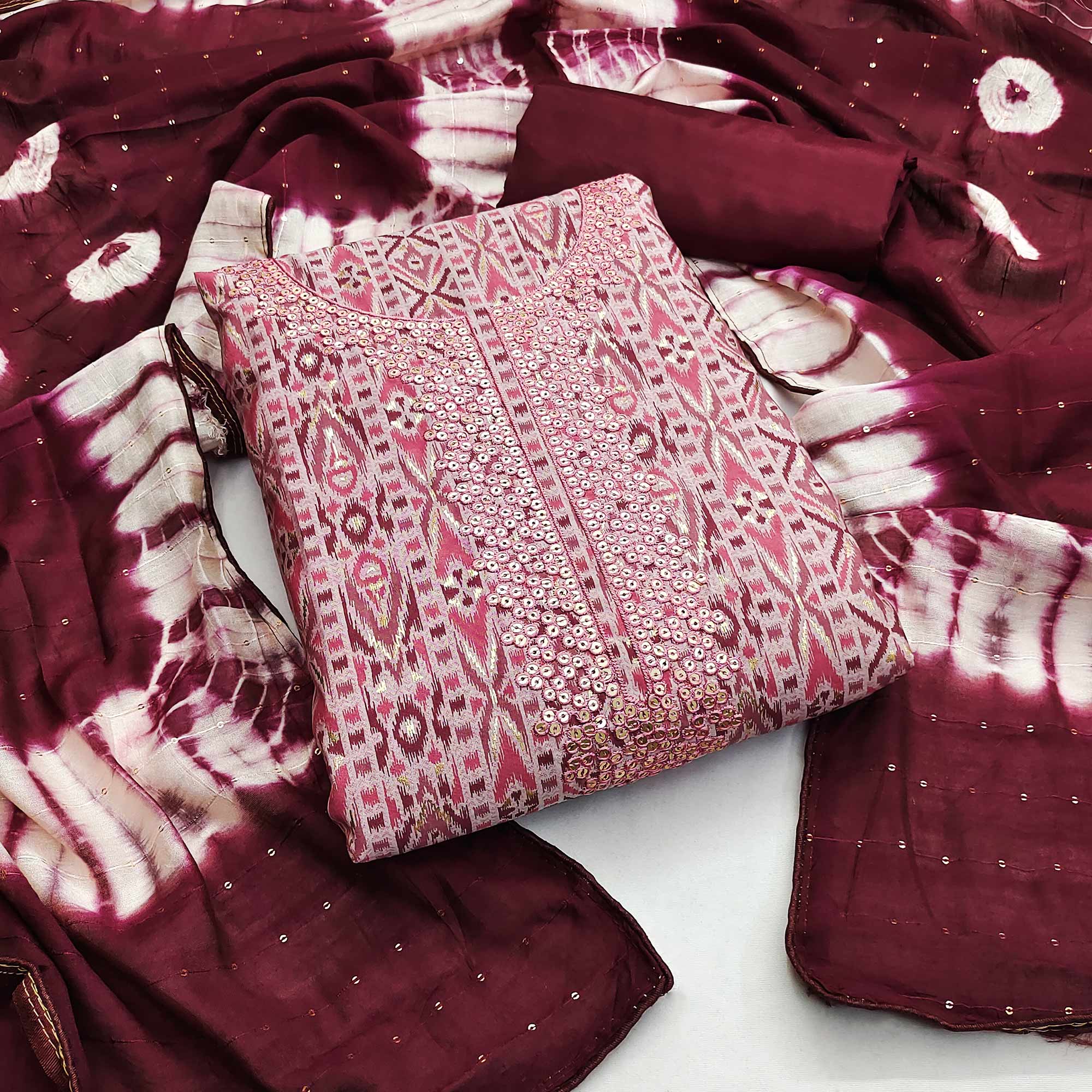Pink Ikkat Printed Modal Dress Material
