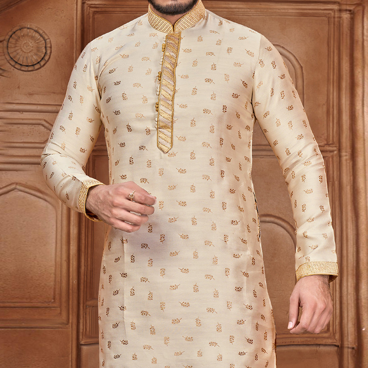 Beige Woven Jacquard Kurta Pyjama Set