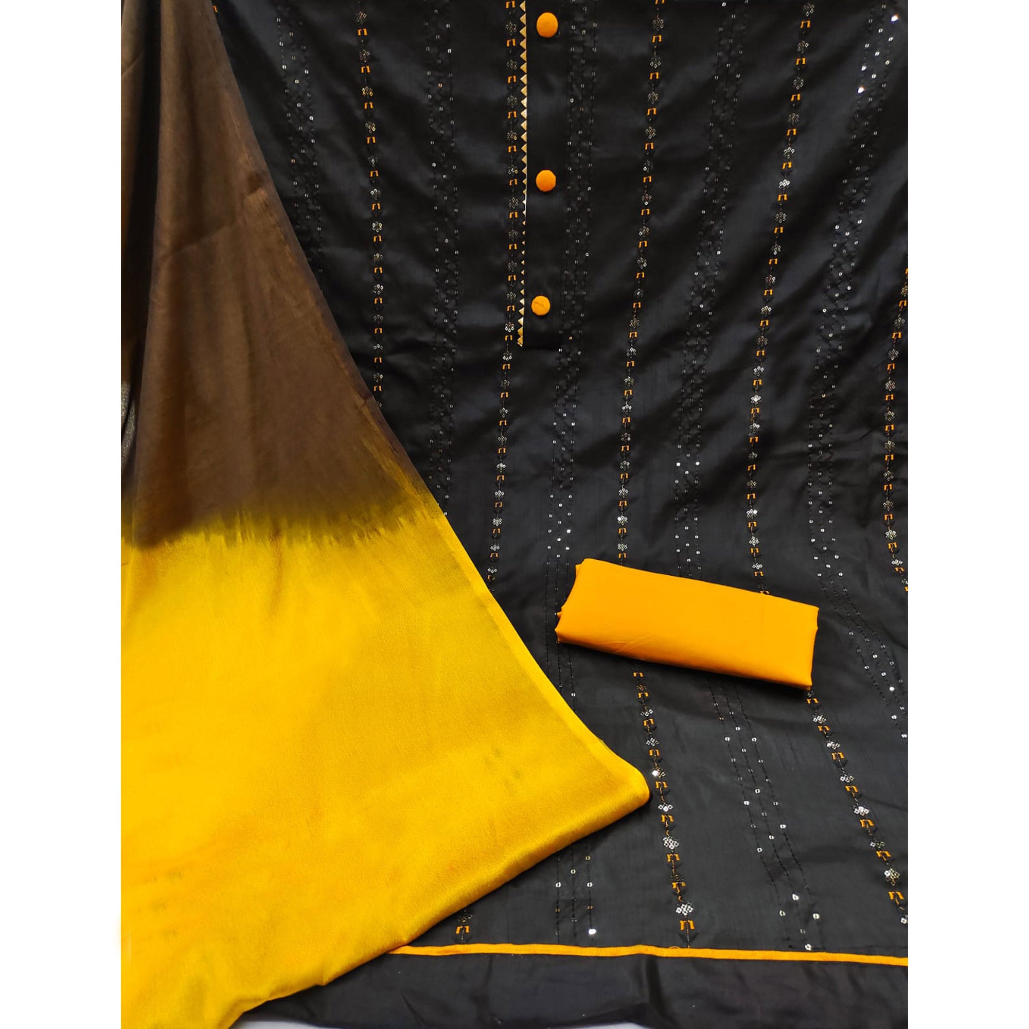 Black Sequins Embroidered Raw Silk Dress Material