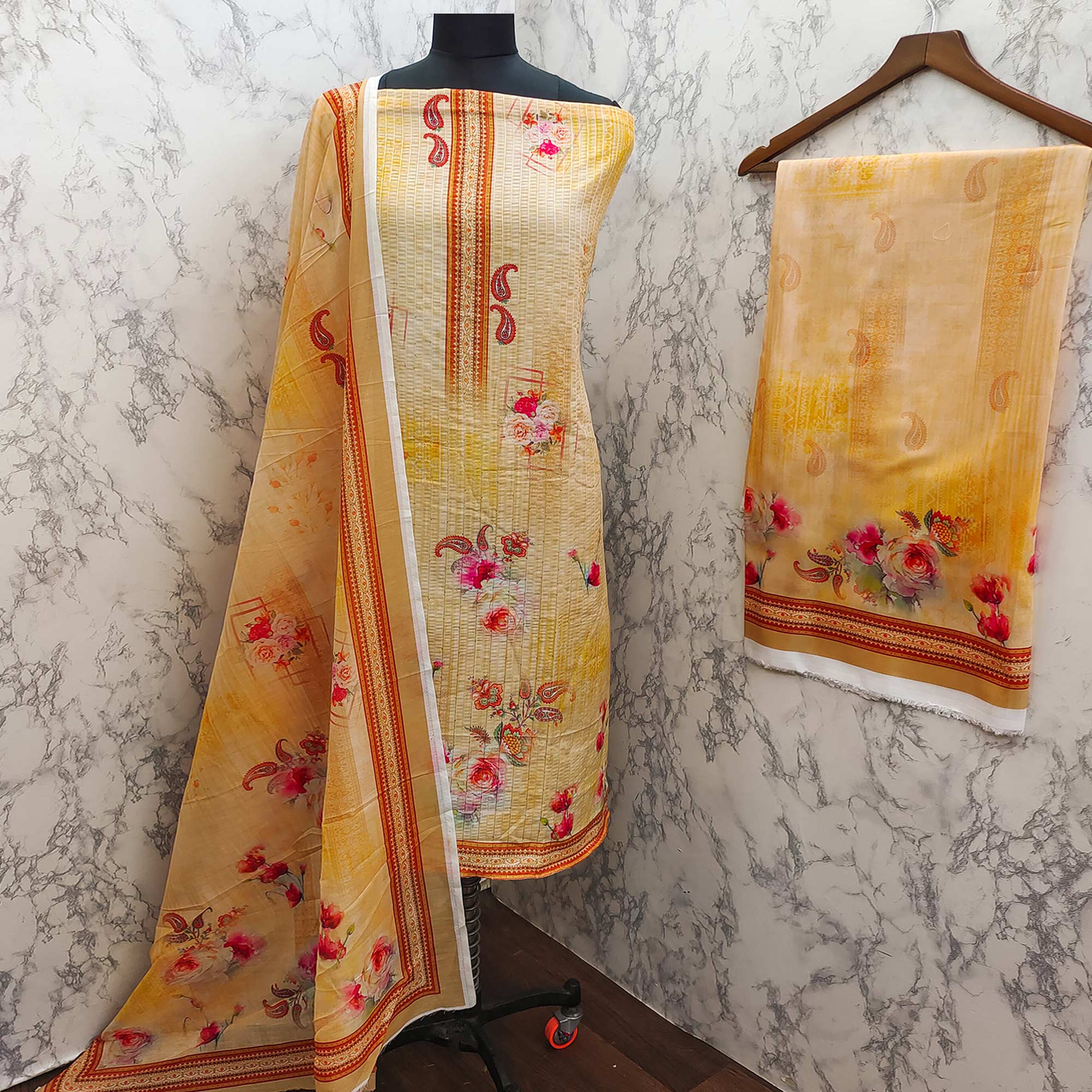 Yellow Floral Digital Printed Muslin Dress Material