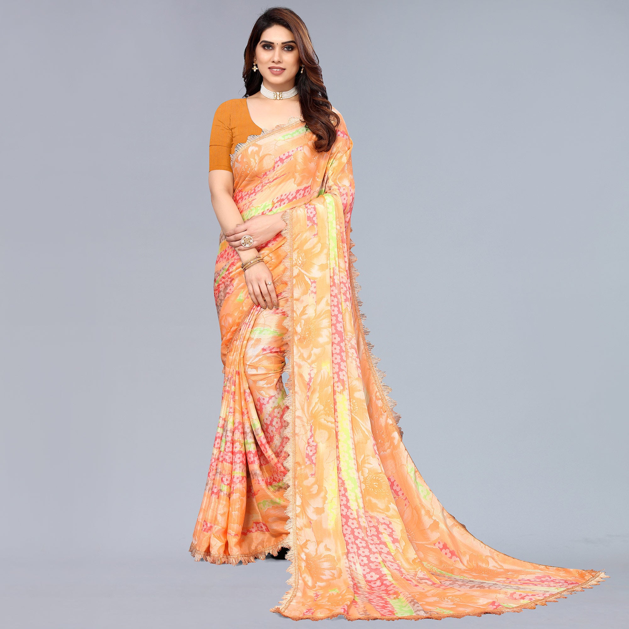 Orange Floral Printed Art Silk Saree With Crochet Border