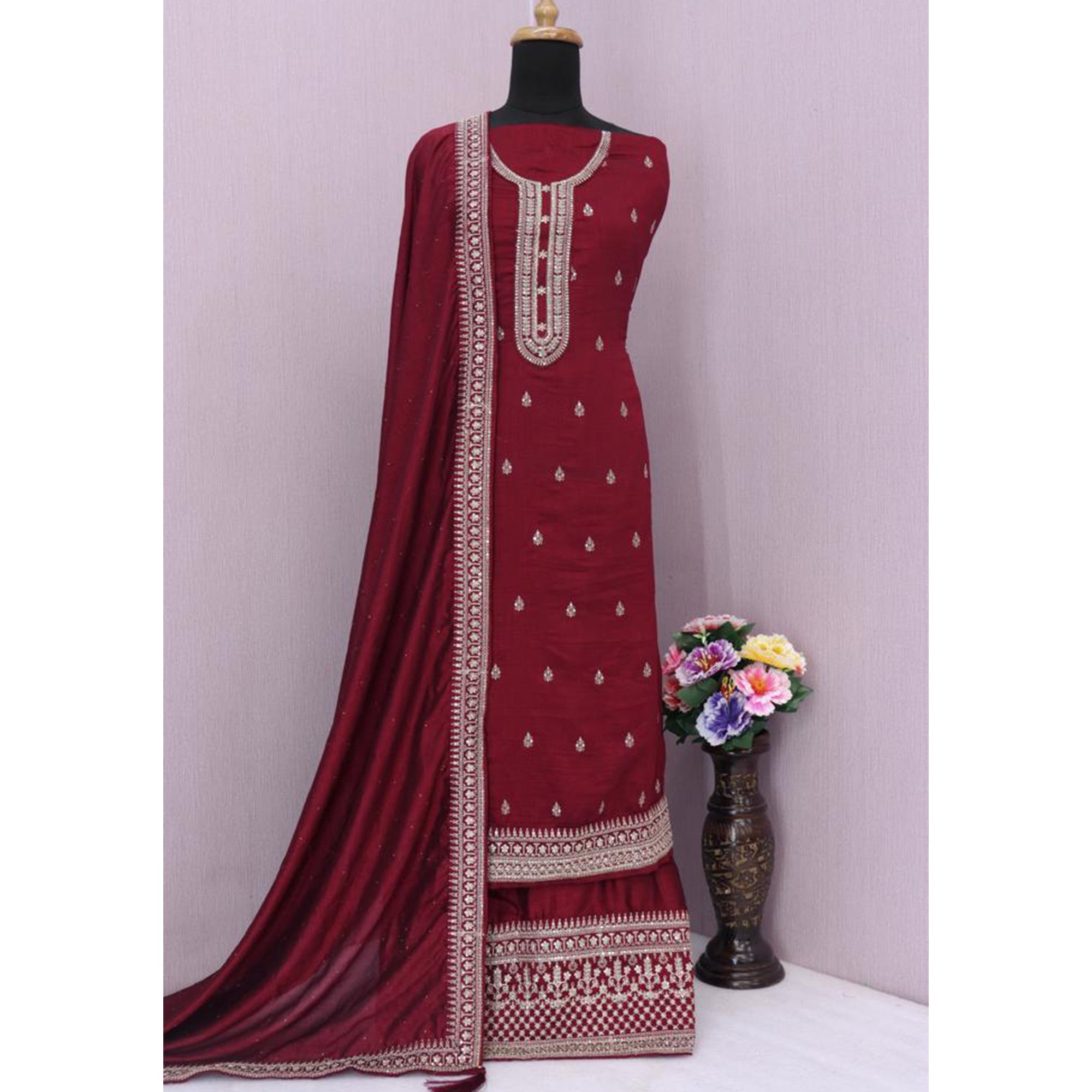 Maroon Floral Embroidered Georgette Semi Stitched Palazzo Suit