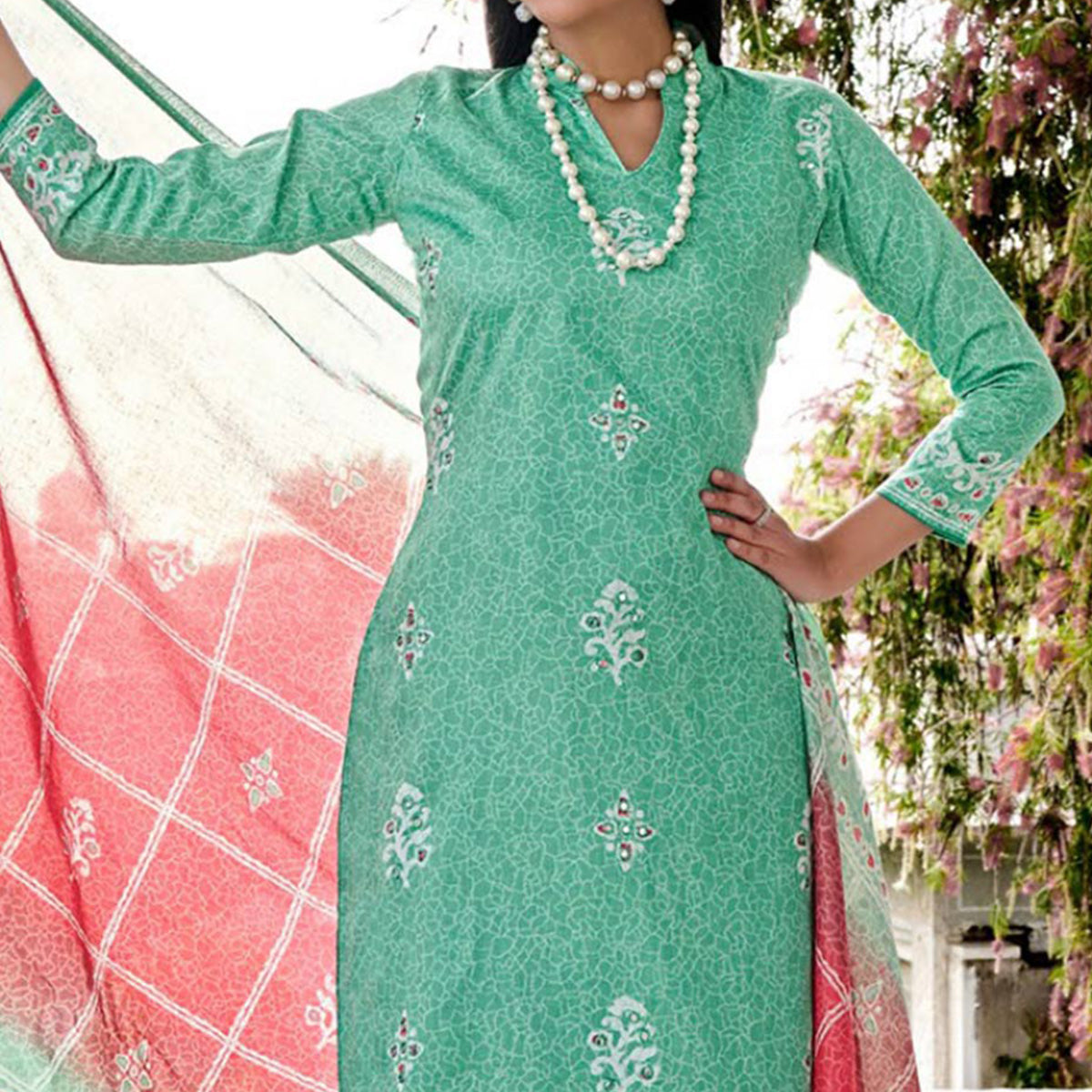 Sea Green Digital Printed With Mirror Work Pure Cotton Suit