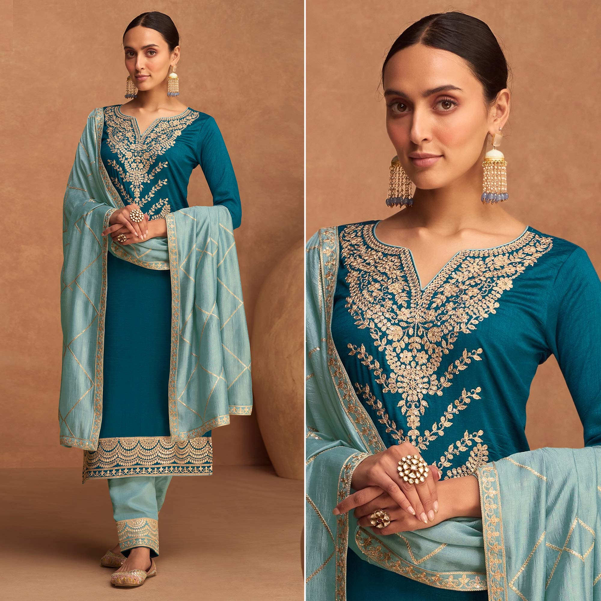 Aqua Blue Floral Sequins Embroidered Art Silk Semi Stitched Suit