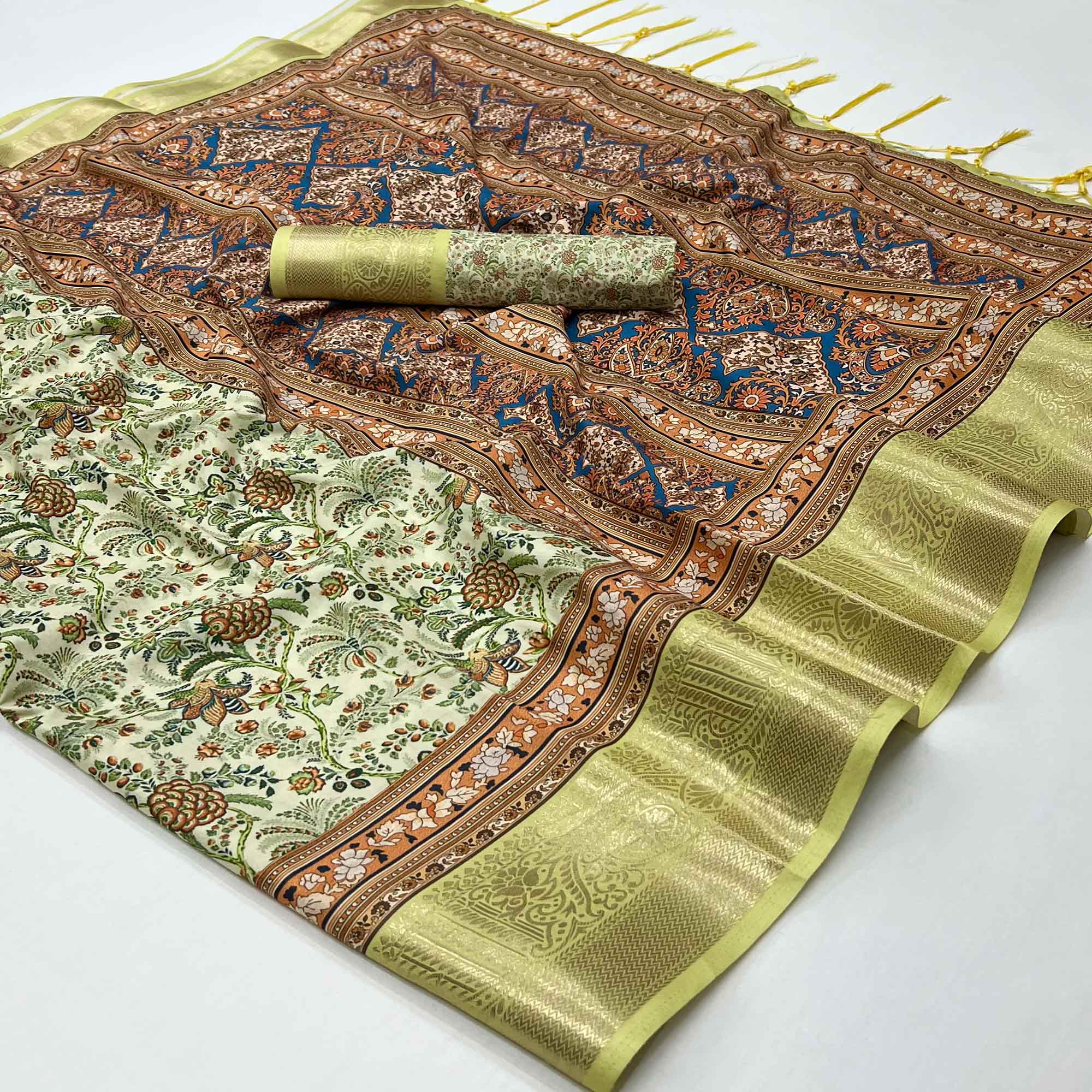 Green Floral Digital Printed Pure Cotton Saree