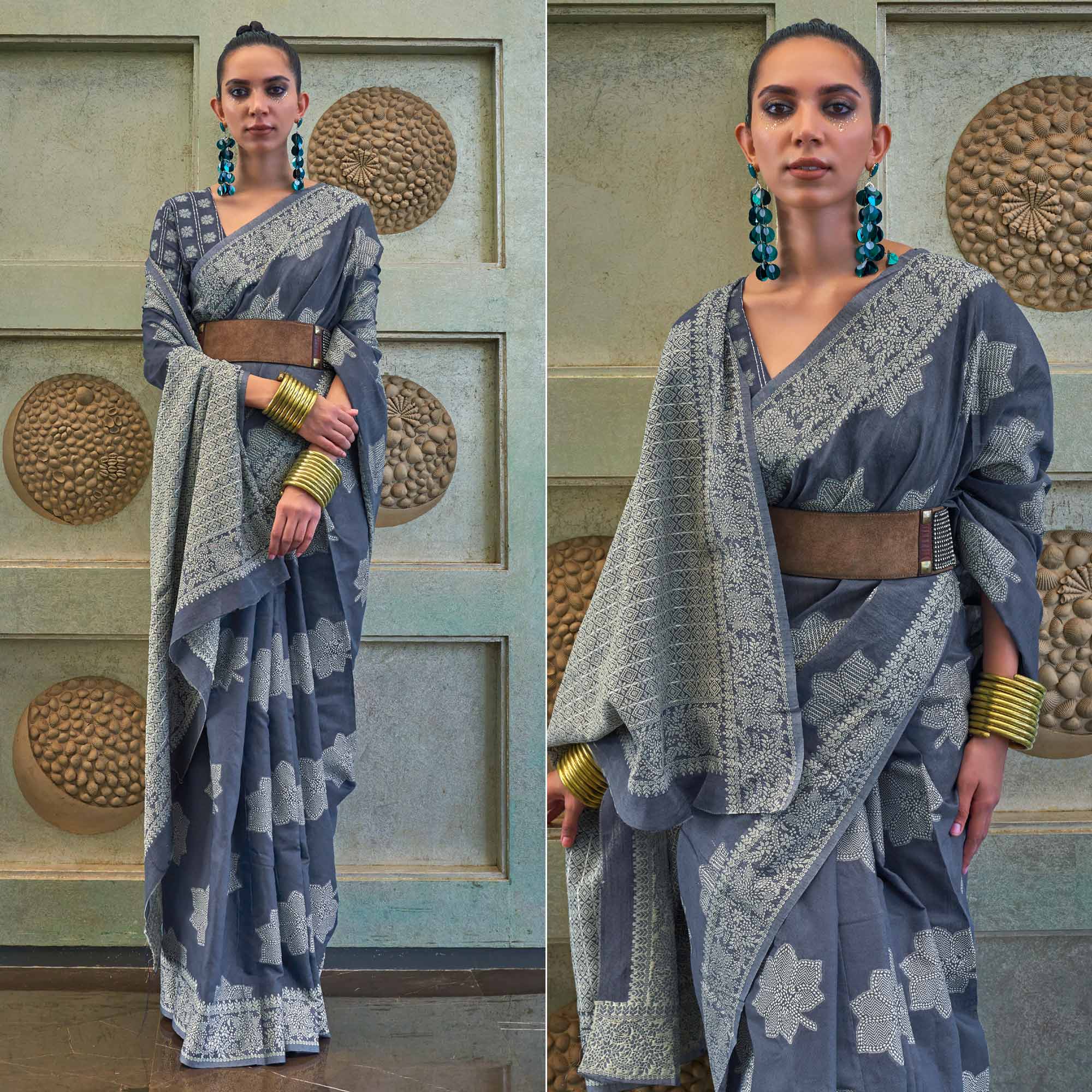 Grey Lucknowi & Sequins Embroidered Art Silk Saree
