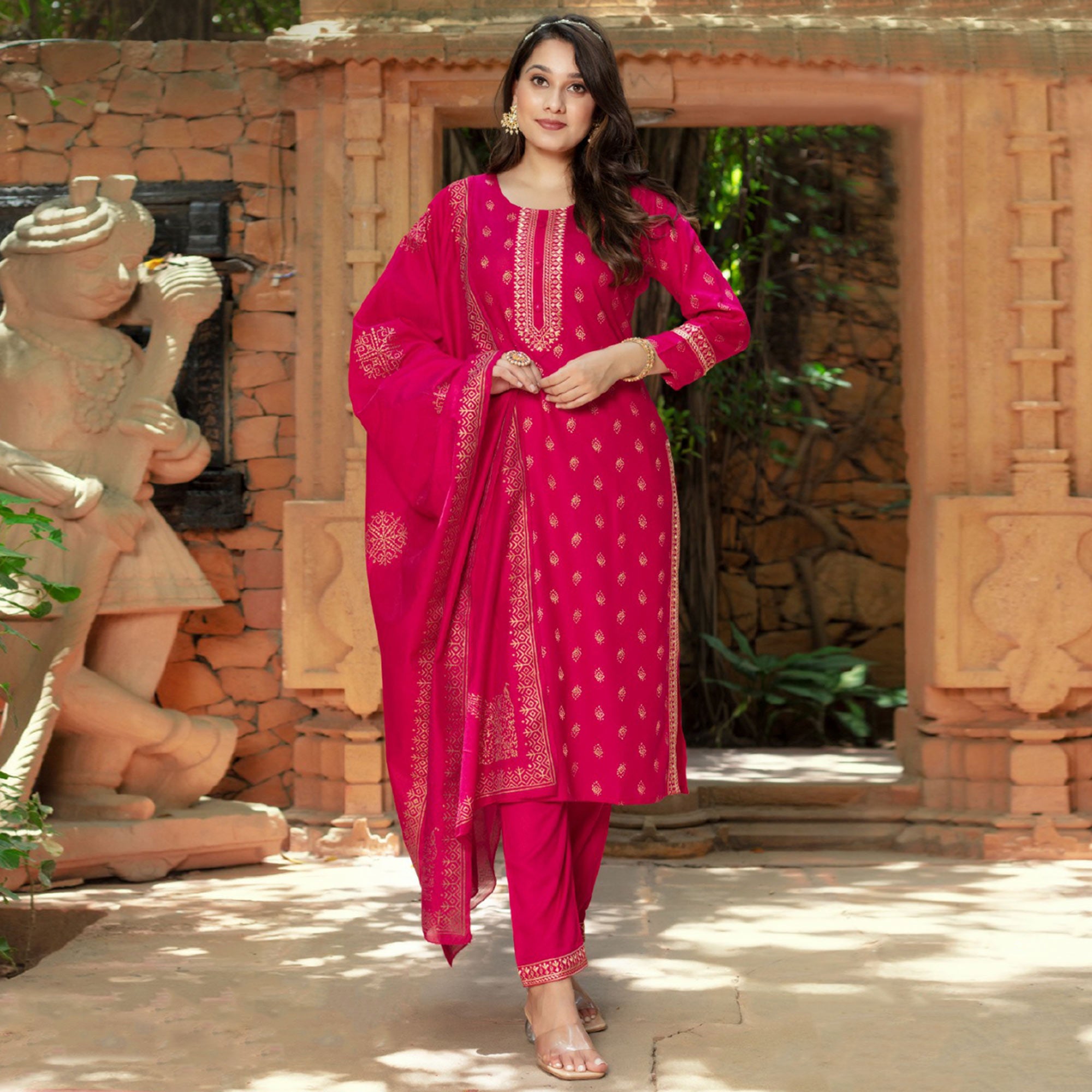 Rani Pink Printed Rayon Salwar Suit