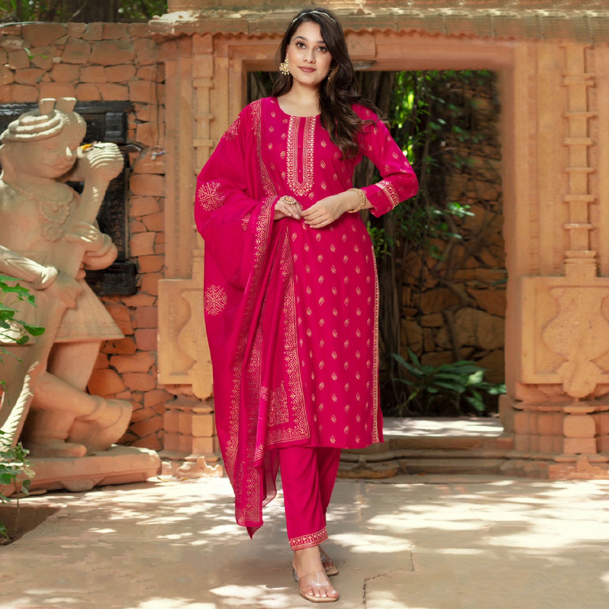 Rani Pink Printed Rayon Salwar Suit1