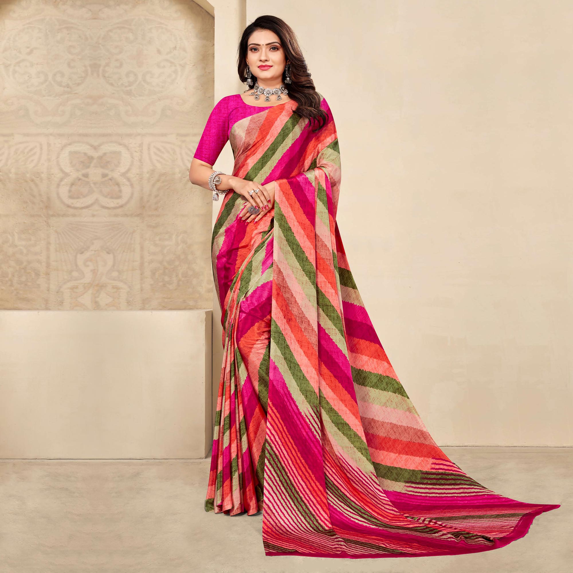 Multicolor Striped Printed Crepe Saree