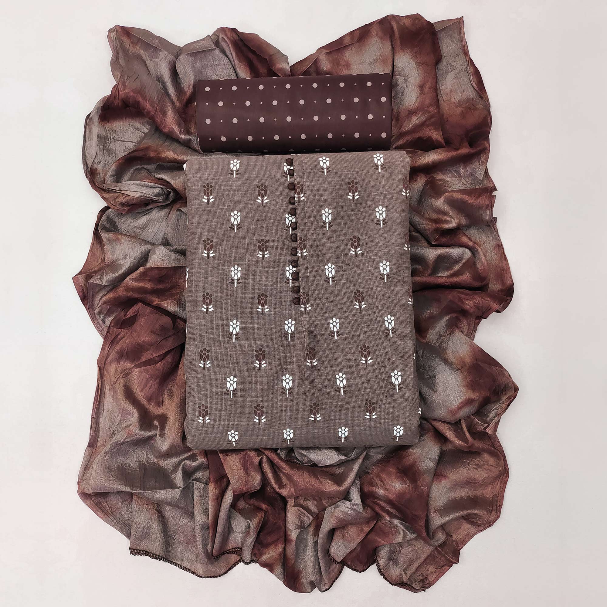 Dark Chikoo Floral Printed Cotton Blend Dress Material