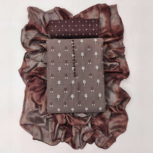 Dark Chikoo Floral Printed Cotton Blend Dress Material