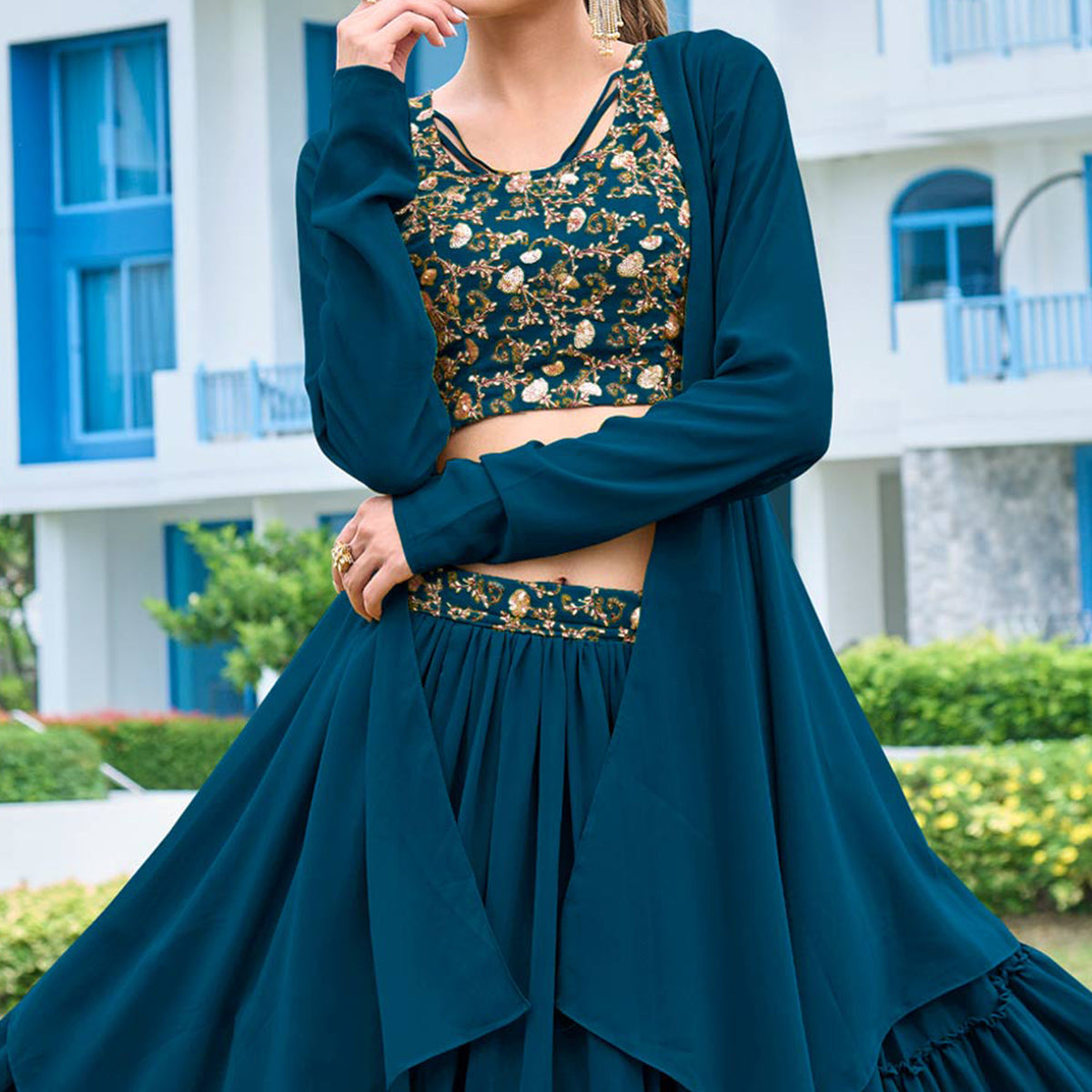 Teal Blue Sequins Embroidered Georgette Lehenga Choli With Shrug