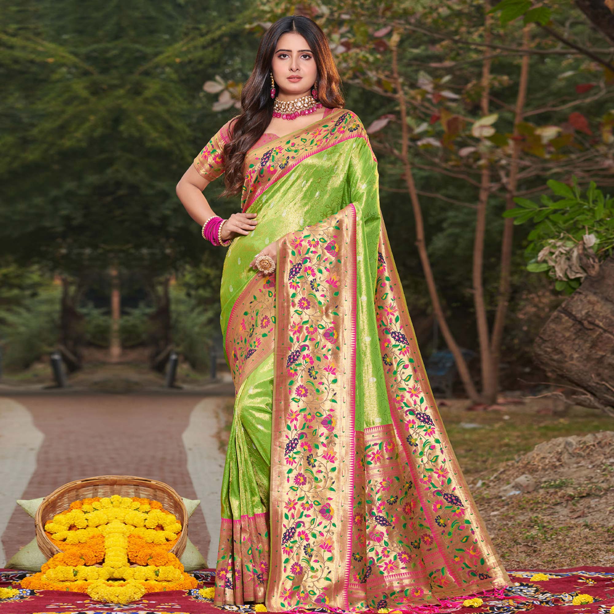 Parrot Green Woven Art Silk Paithani Saree With Tassels