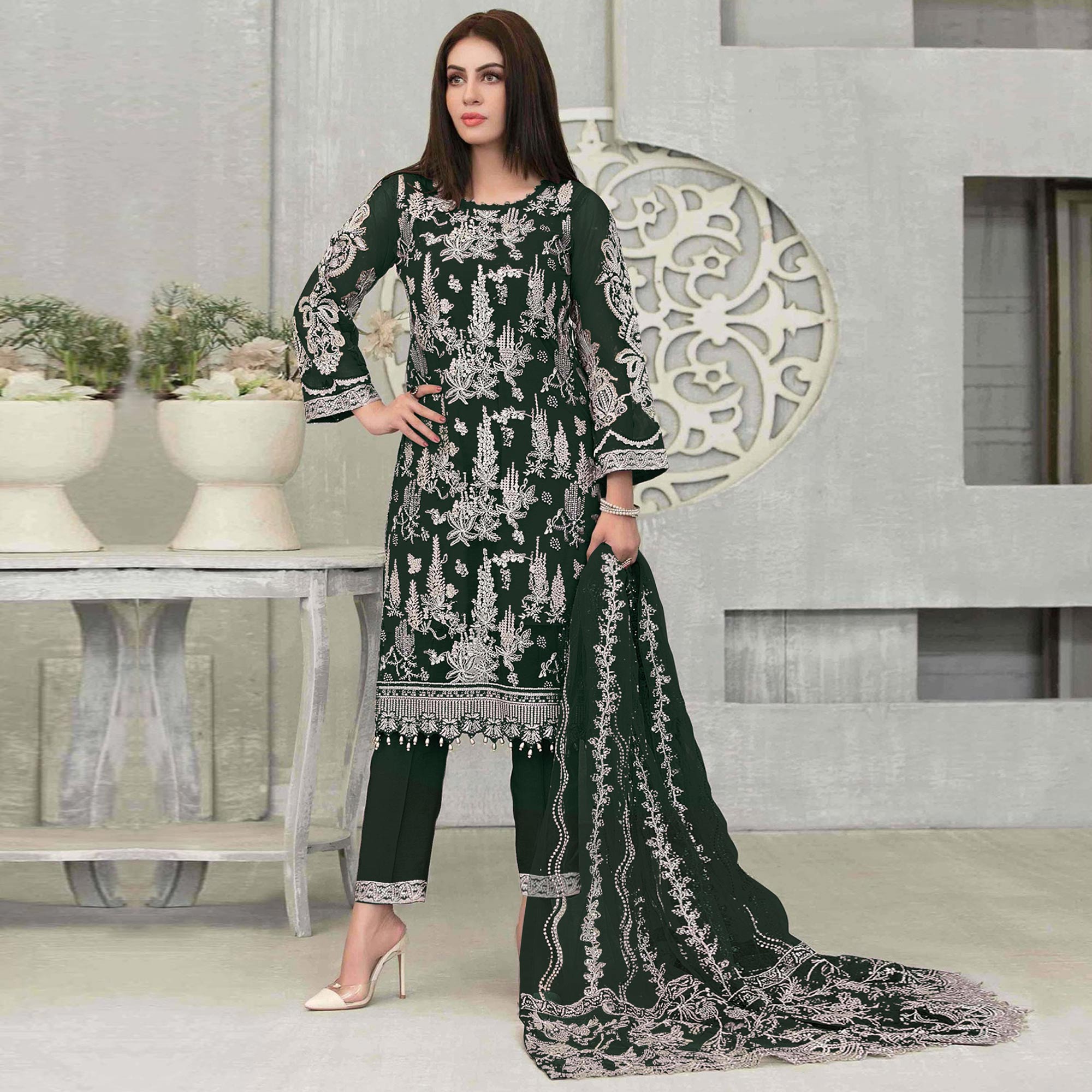 Green Floral Embroidered Georgette Pakistani Suit