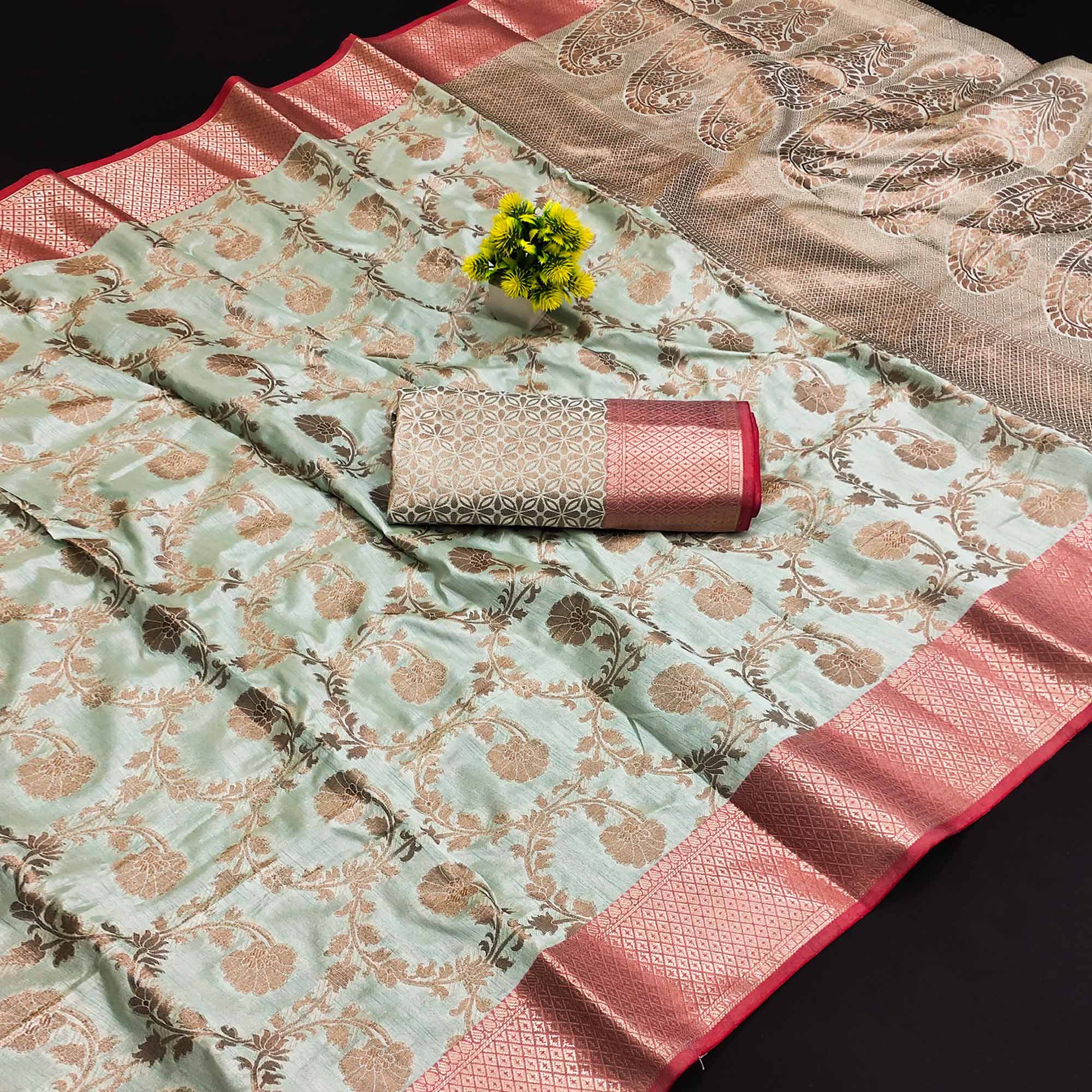 Sea Green Floral Woven Kanjivaram Silk Saree