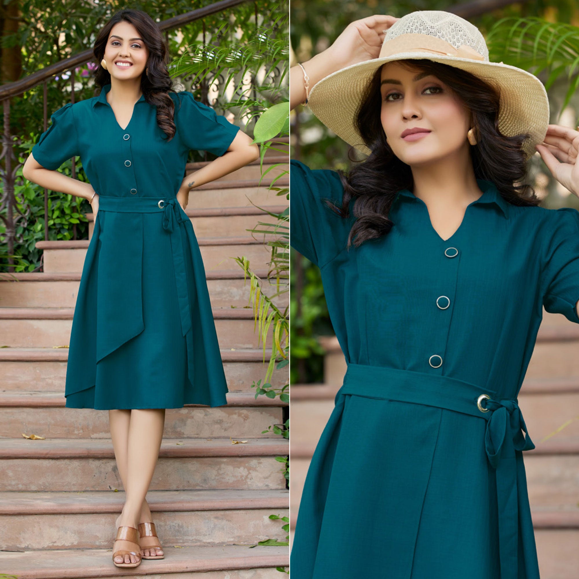 Teal Blue Solid Cotton Dress