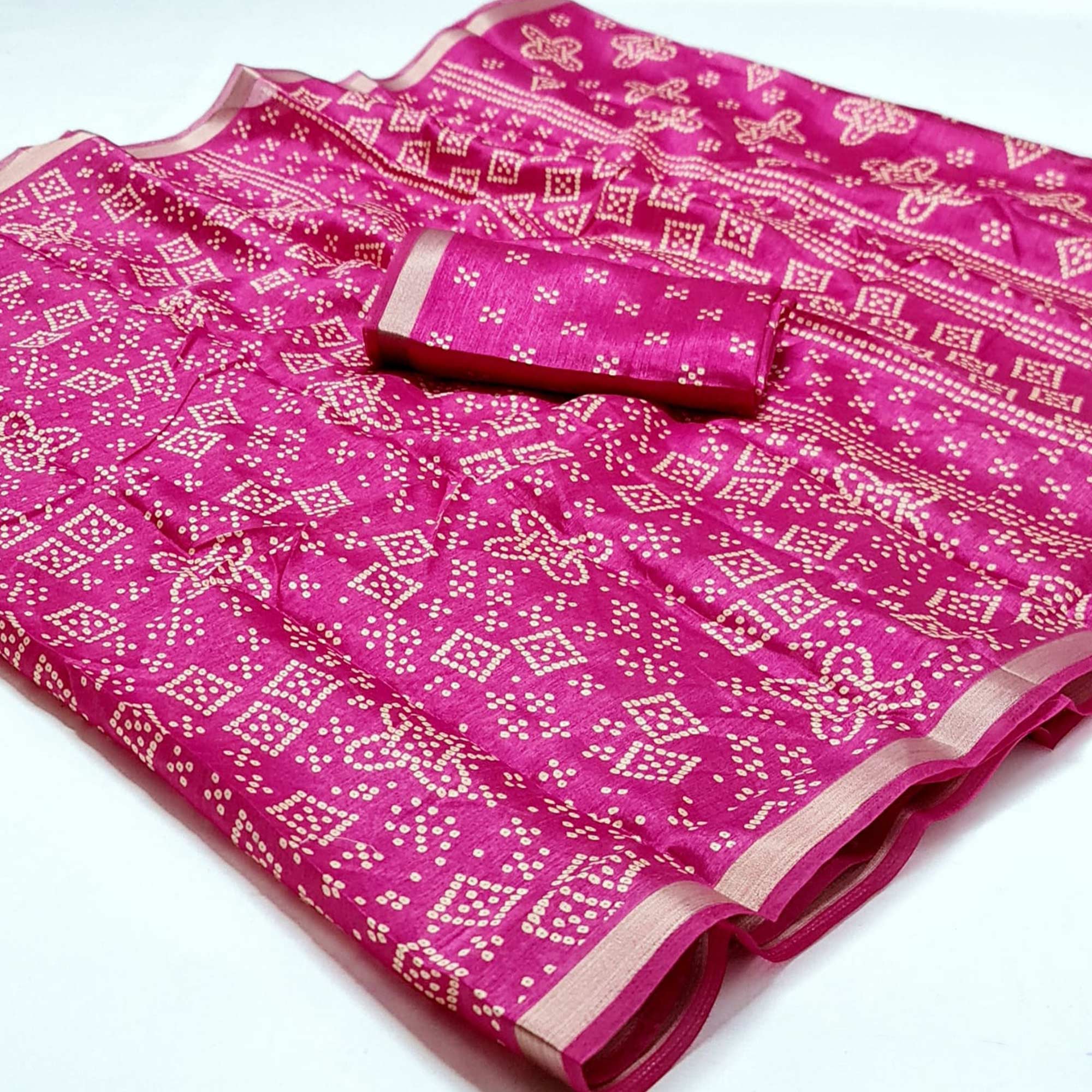 Pink Bandhani Printed Art Silk Saree