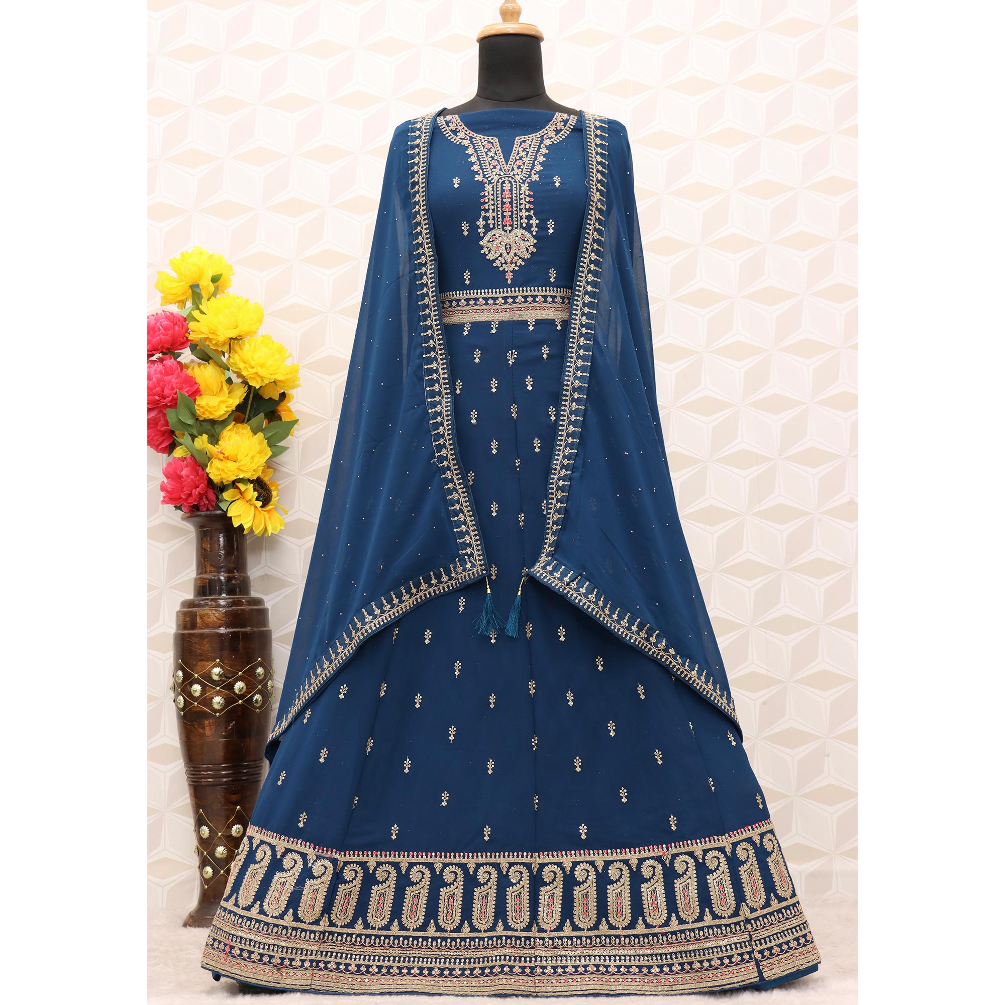 Blue Sequins Embroidered Georgette Semi Stitched Anarkali Suit