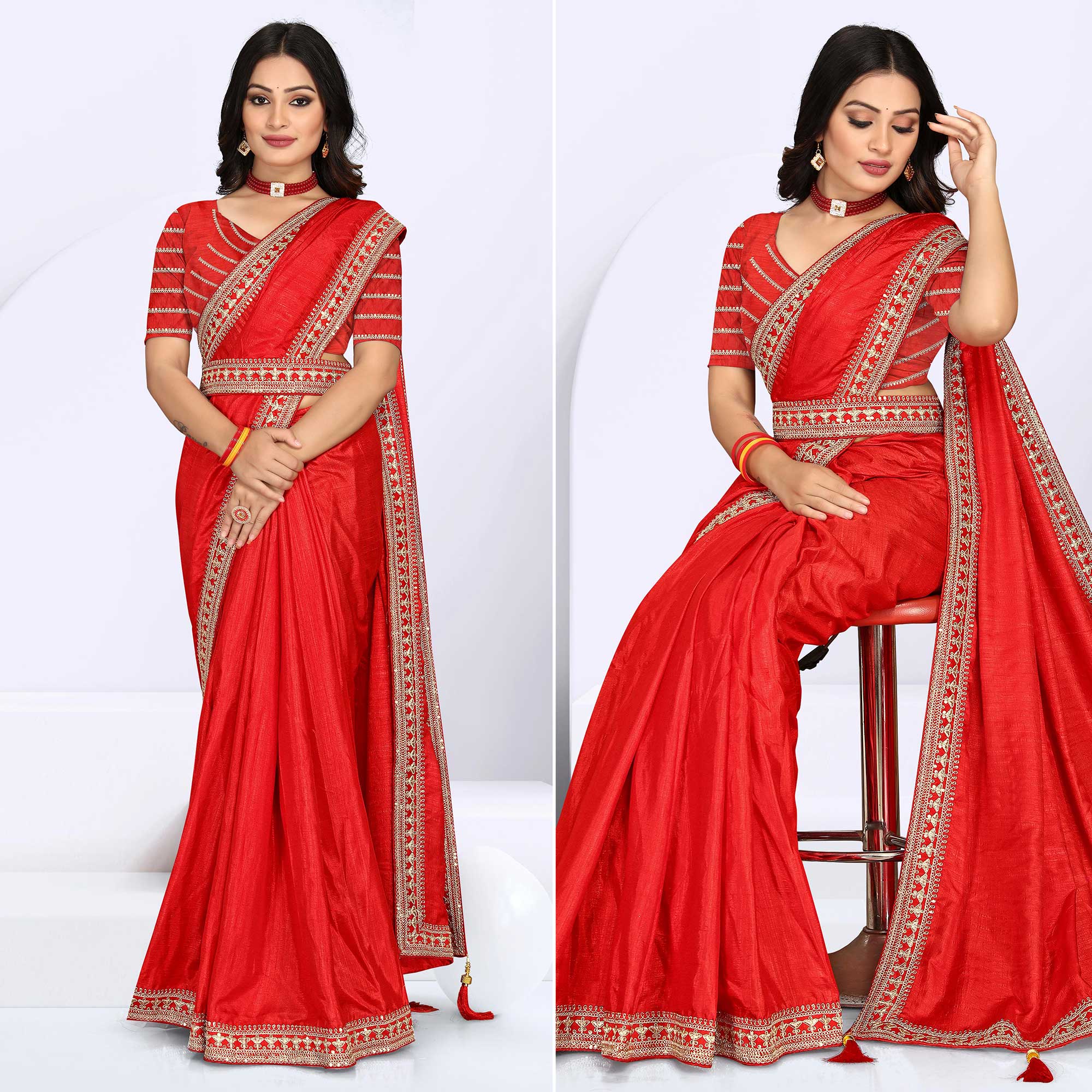 Red Sequins Embroidered Border Vichitra Silk Saree