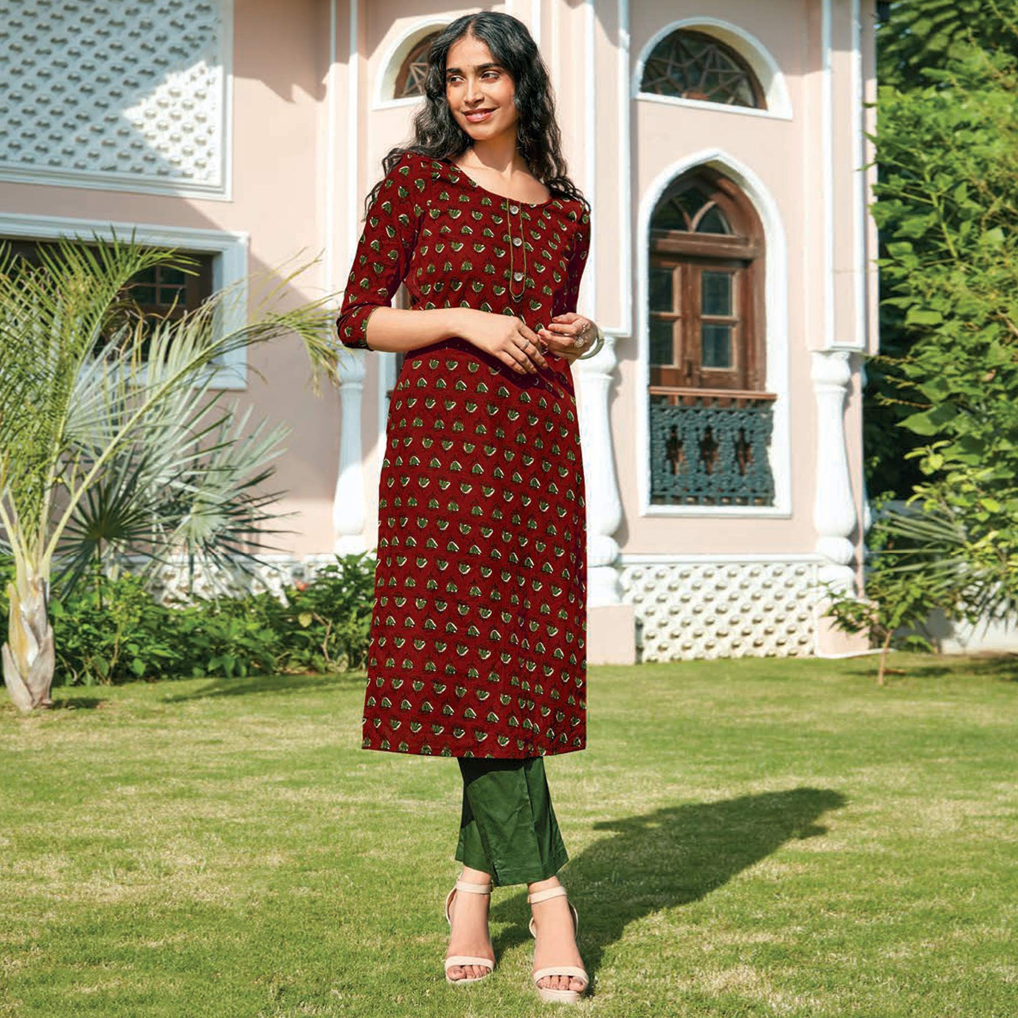 Maroon Floral Printed Cotton Blend Kurti