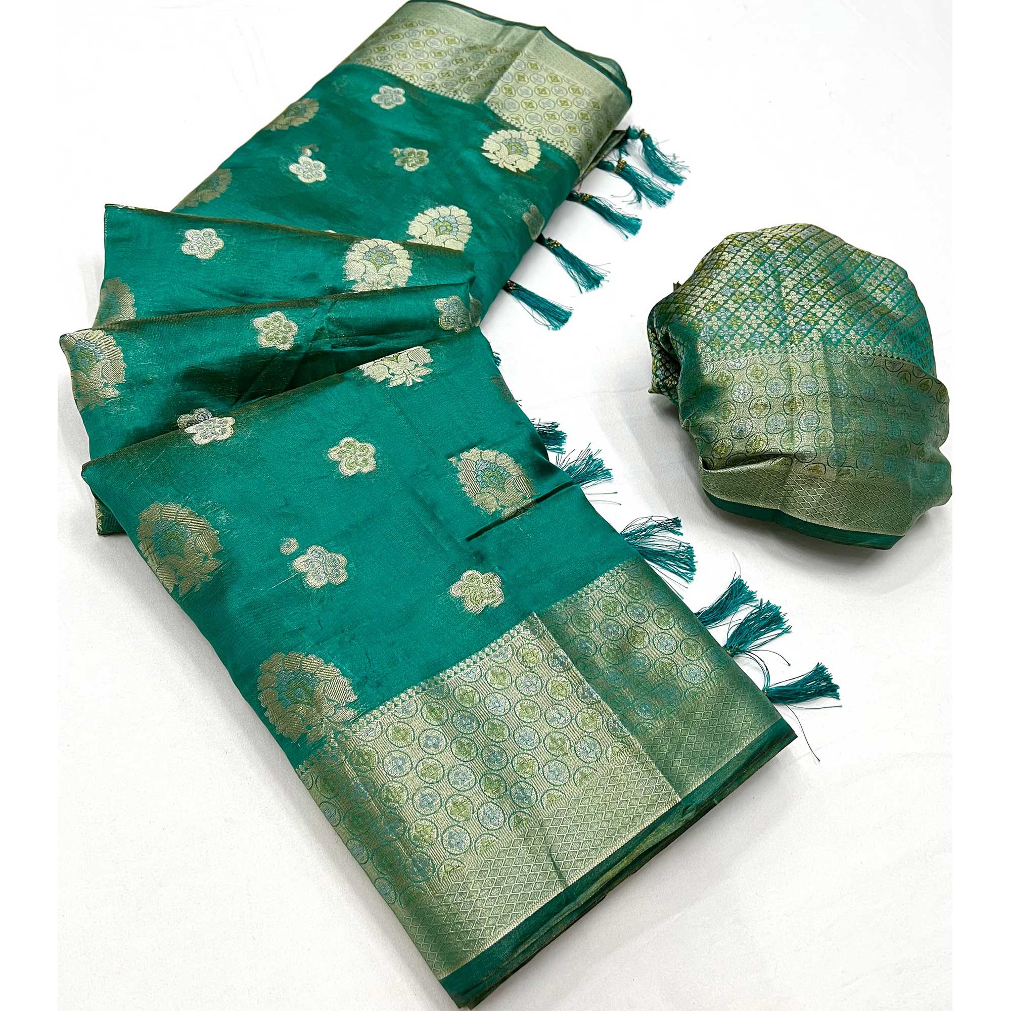 Green Floral Woven Organza Saree