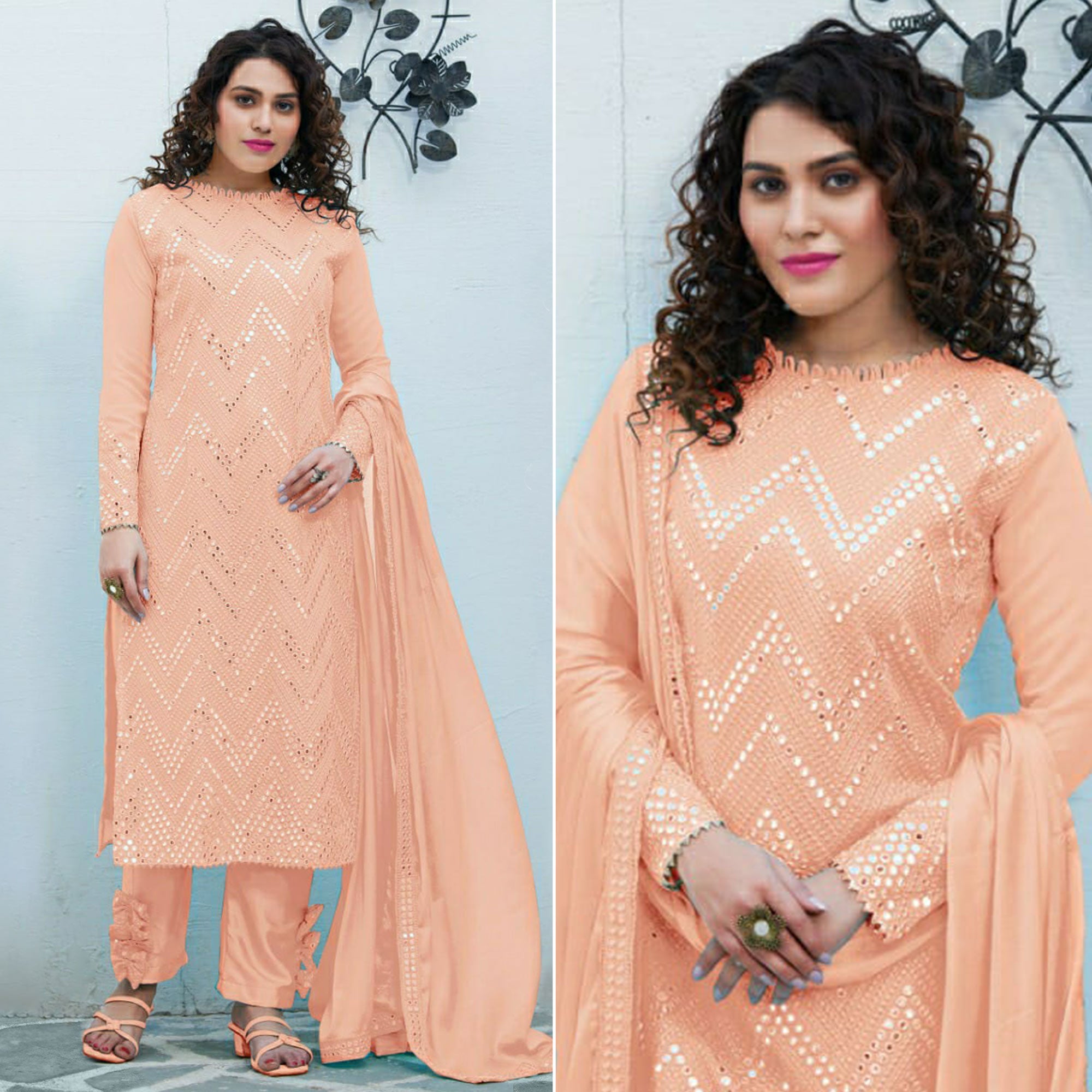 Peach Mirror Embroidered Georgette Suit