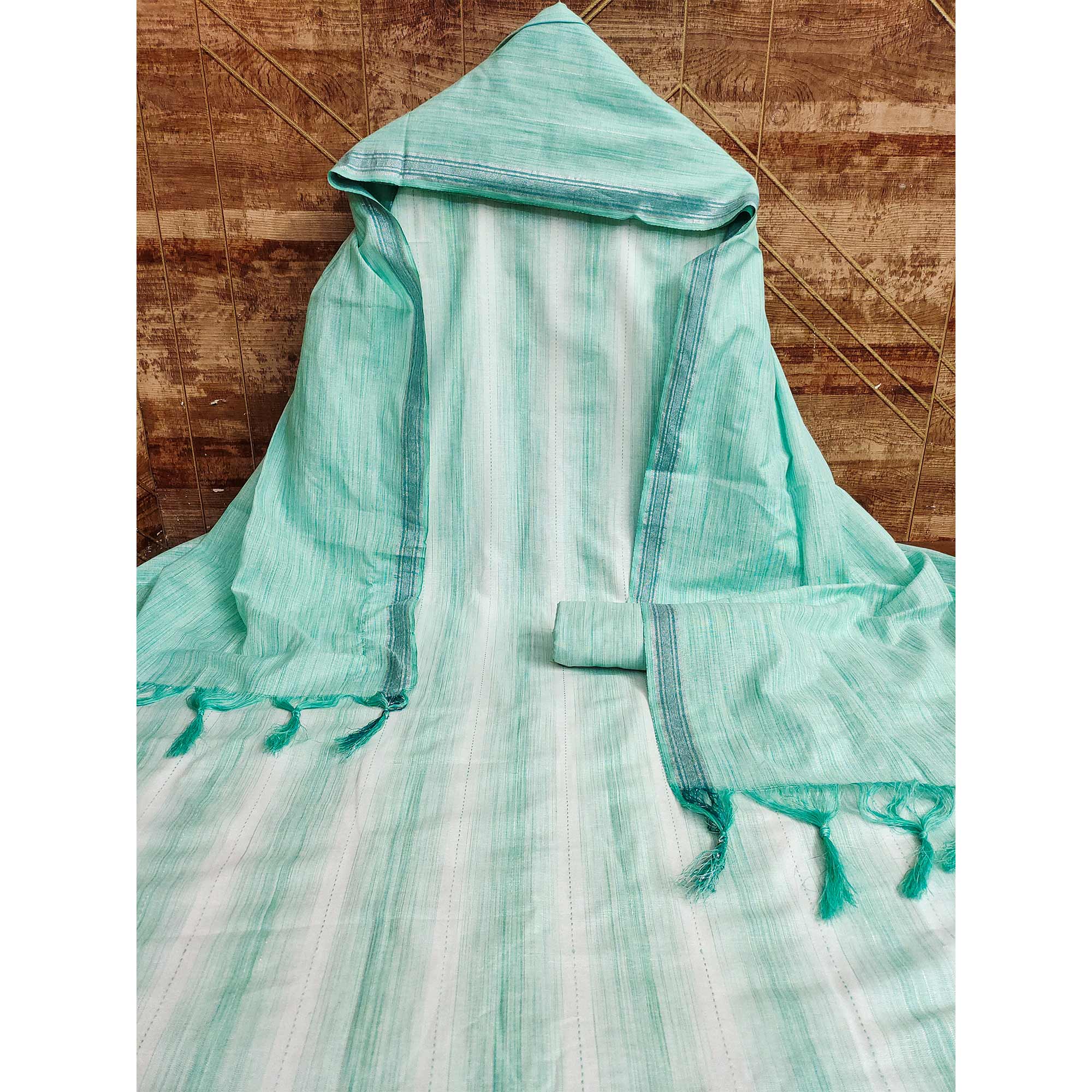 Sea Green Woven Cotton Dress Material