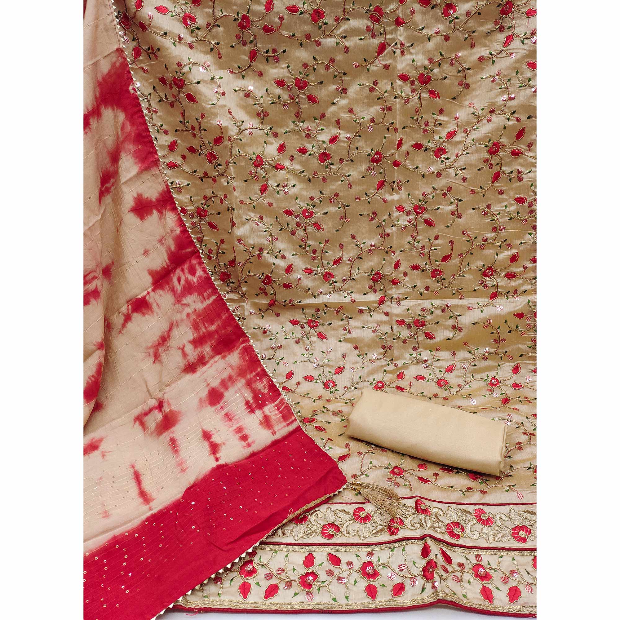 Chikoo Floral Sequins Embroidered Chanderi Dress Material