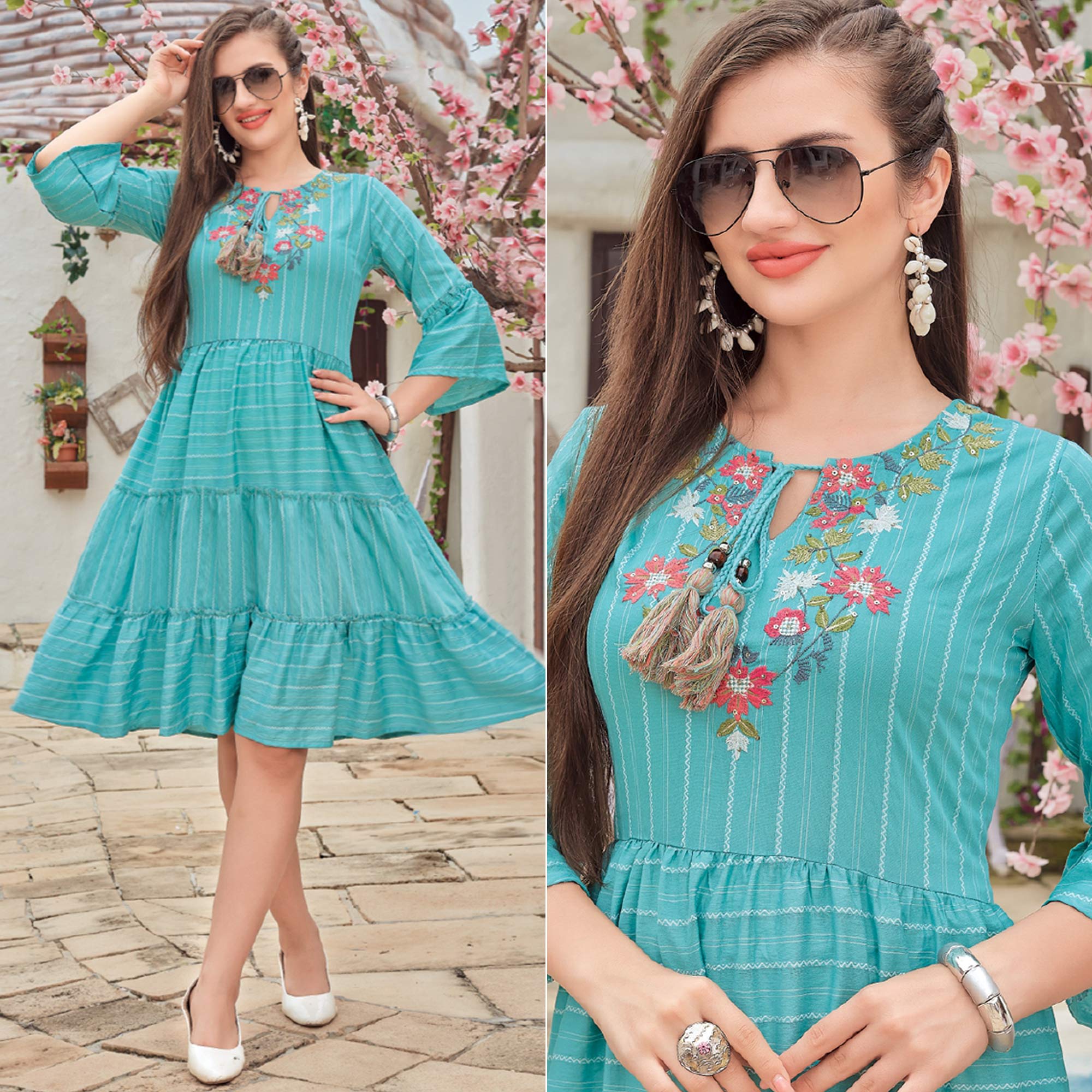 Blue Floral Embroidered Rayon Dress