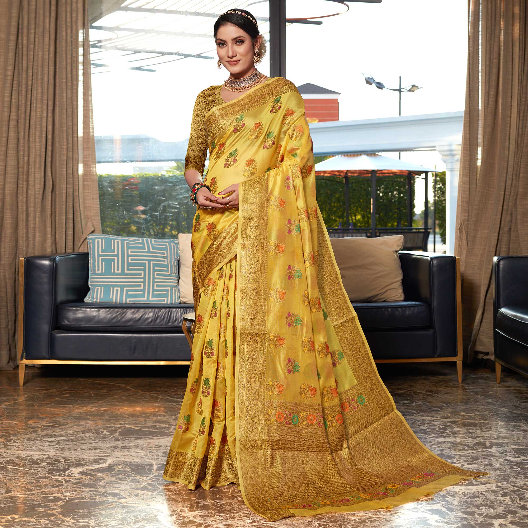 Yellow Floral Woven Organza Saree