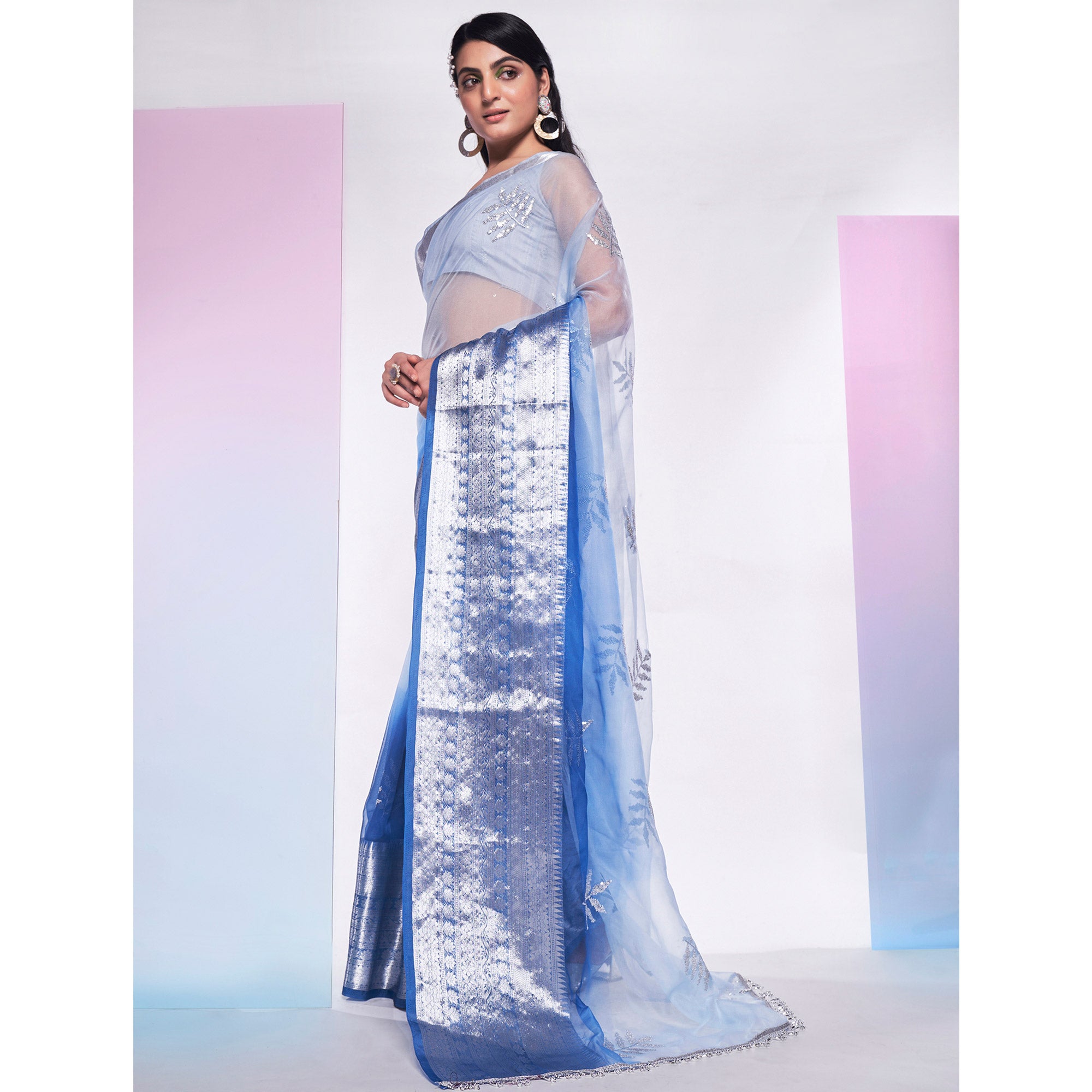 Blue Sequins Embroidered Organza Saree