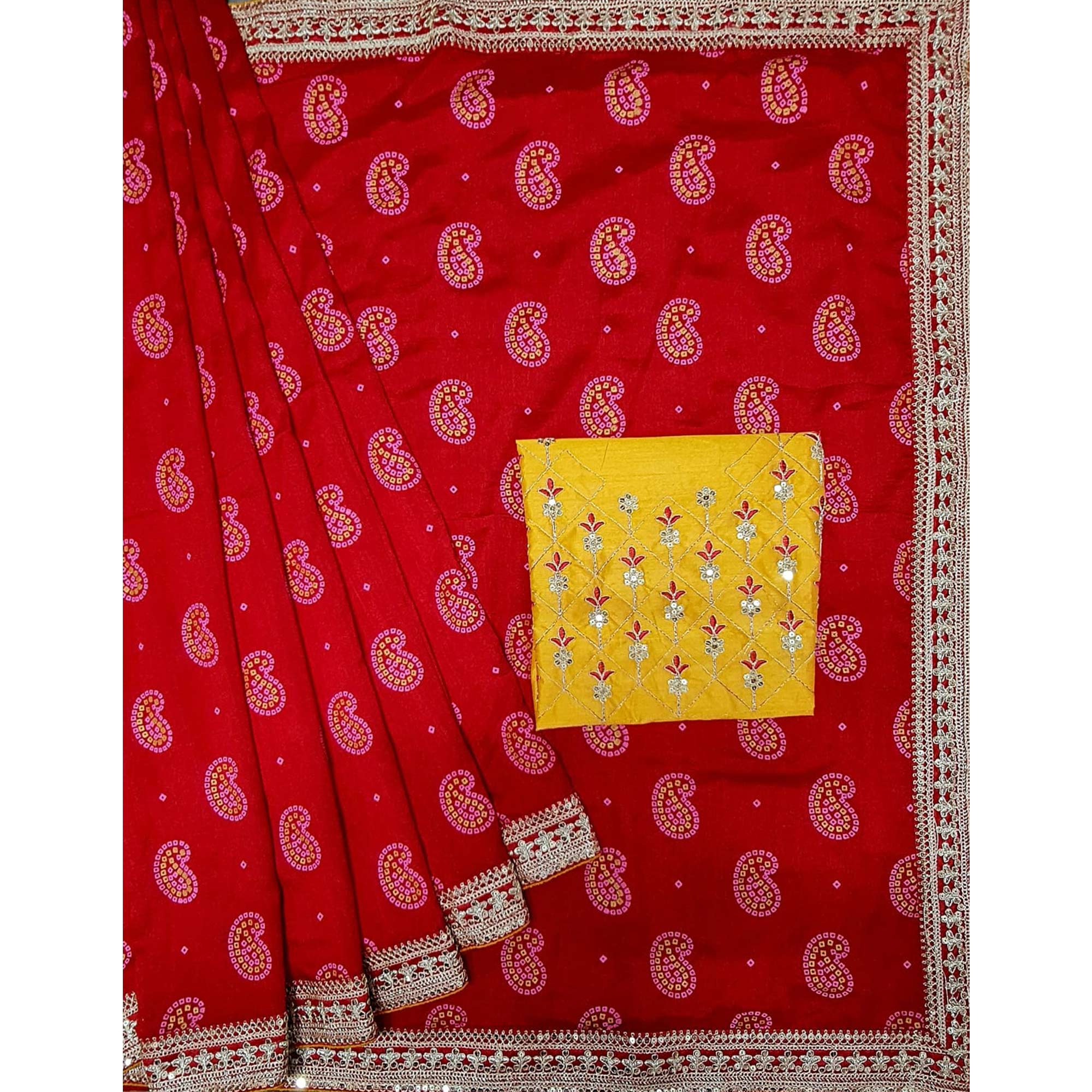 Red Bandhani Printed With Sequins Vichitra Silk Saree