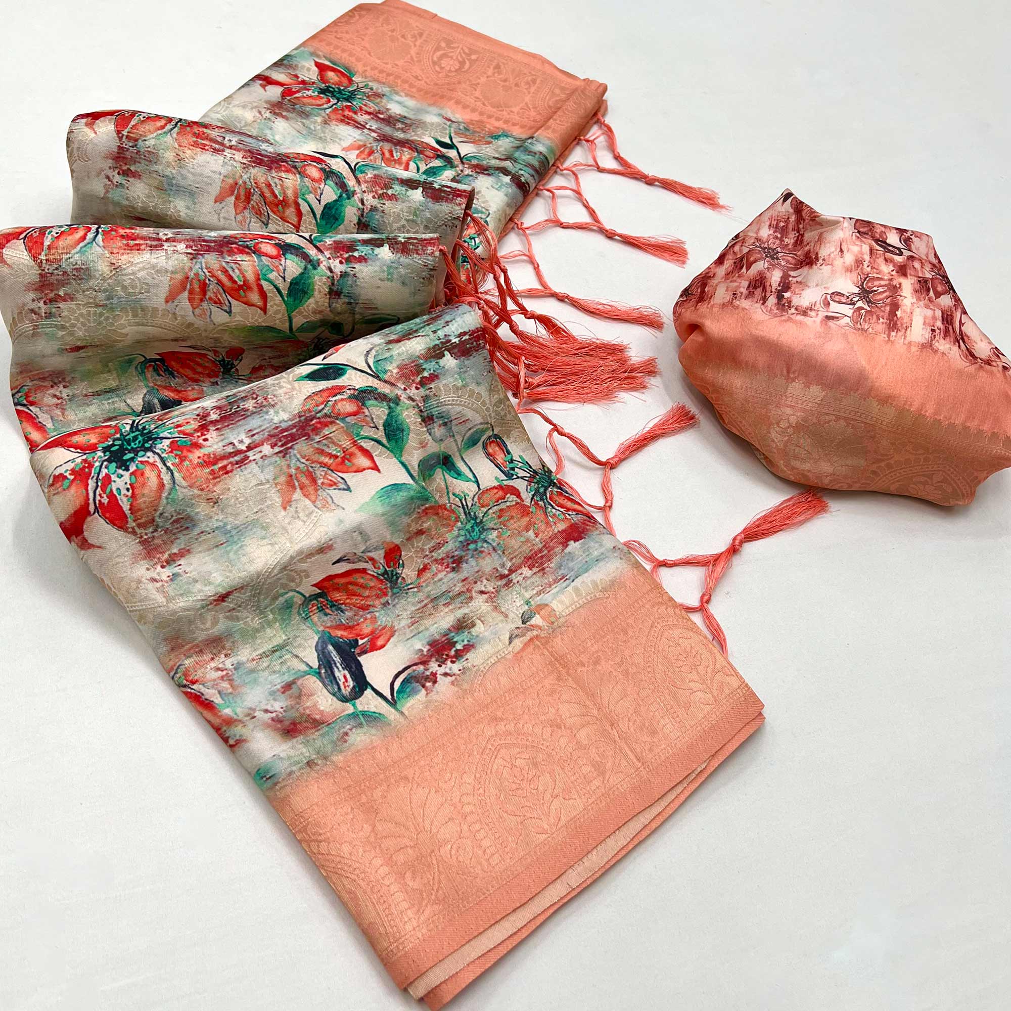 Multicolor Floral Digital Printed Jacquard Saree