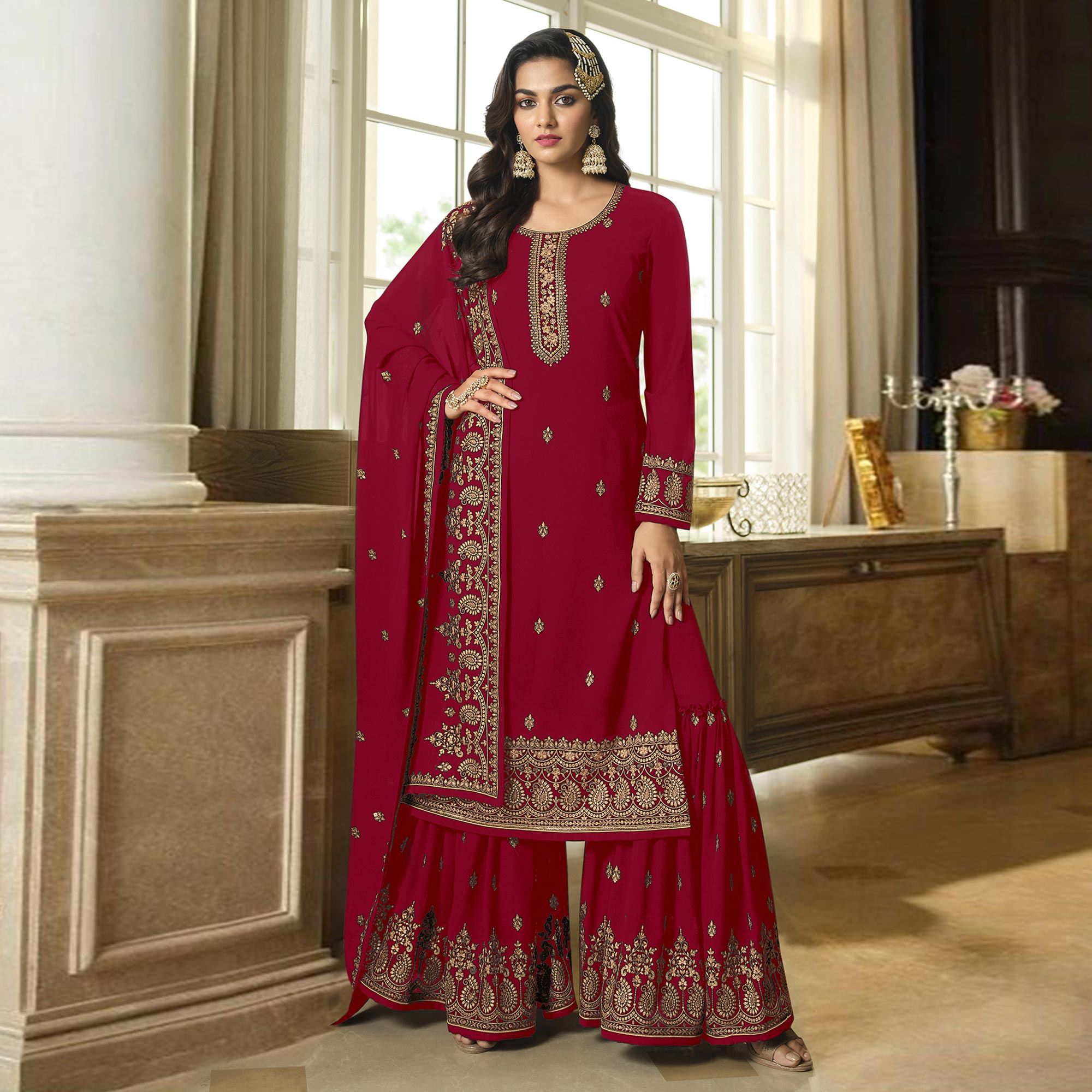 Maroon Floral Embroidered Georgette Sharara Suit