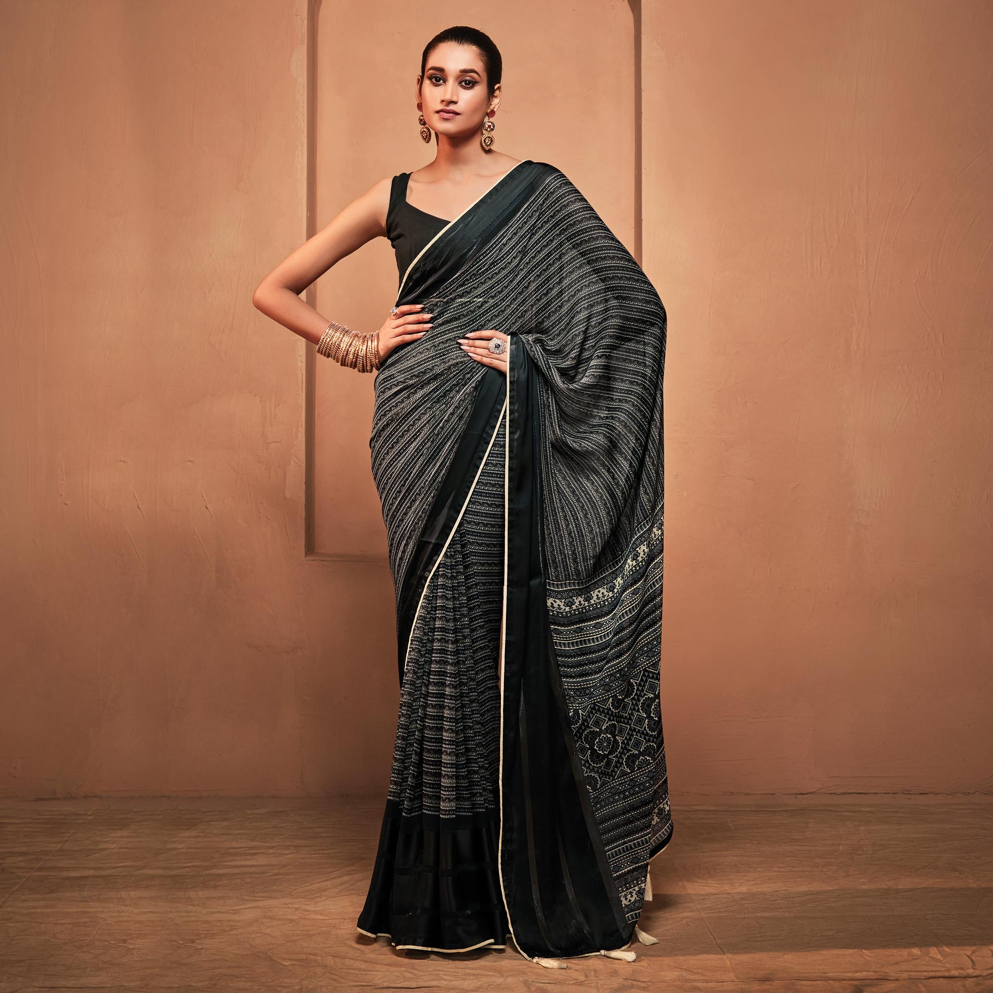 Black Printed Georgette Saree With Tassels