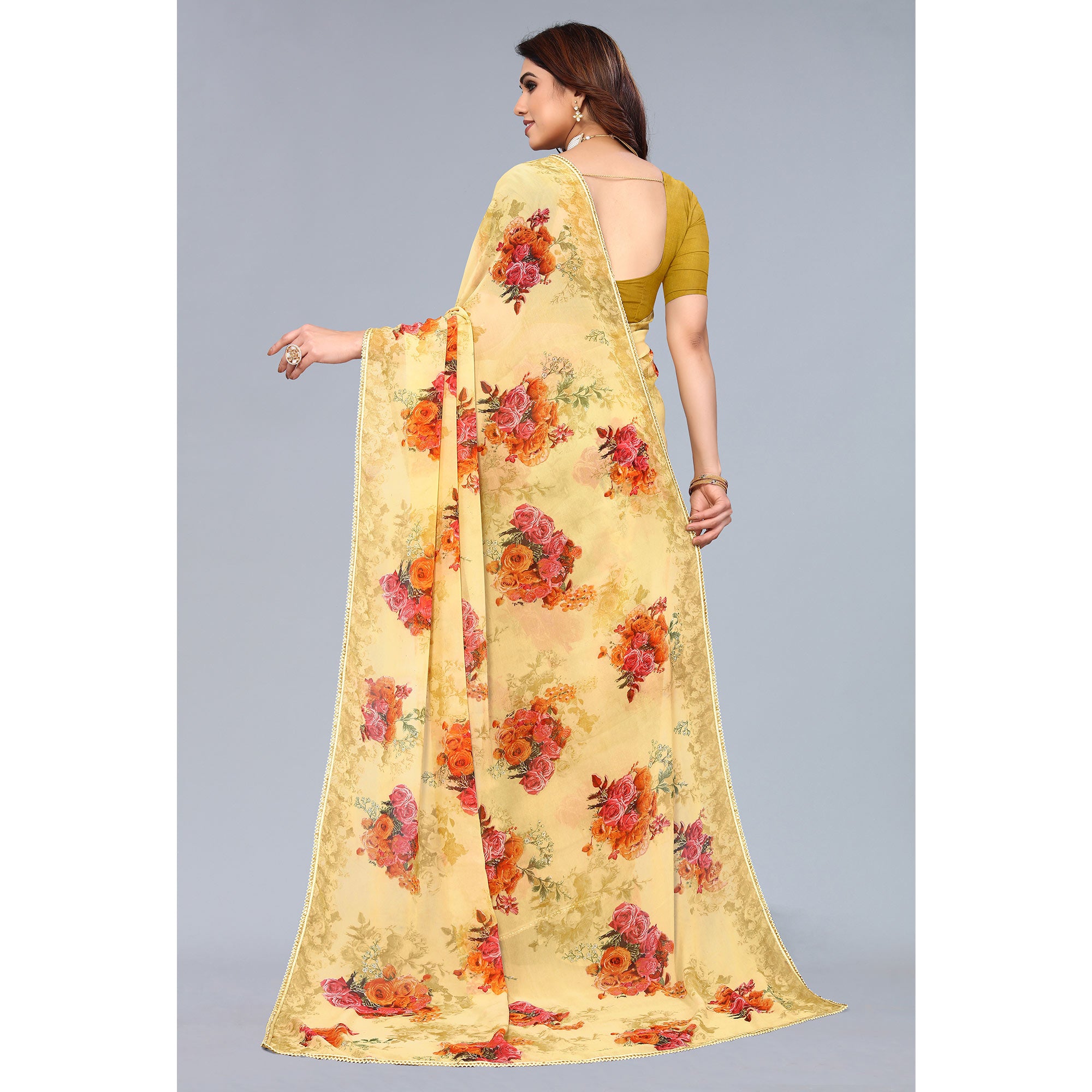 Yellow Floral Printed Georgette Saree