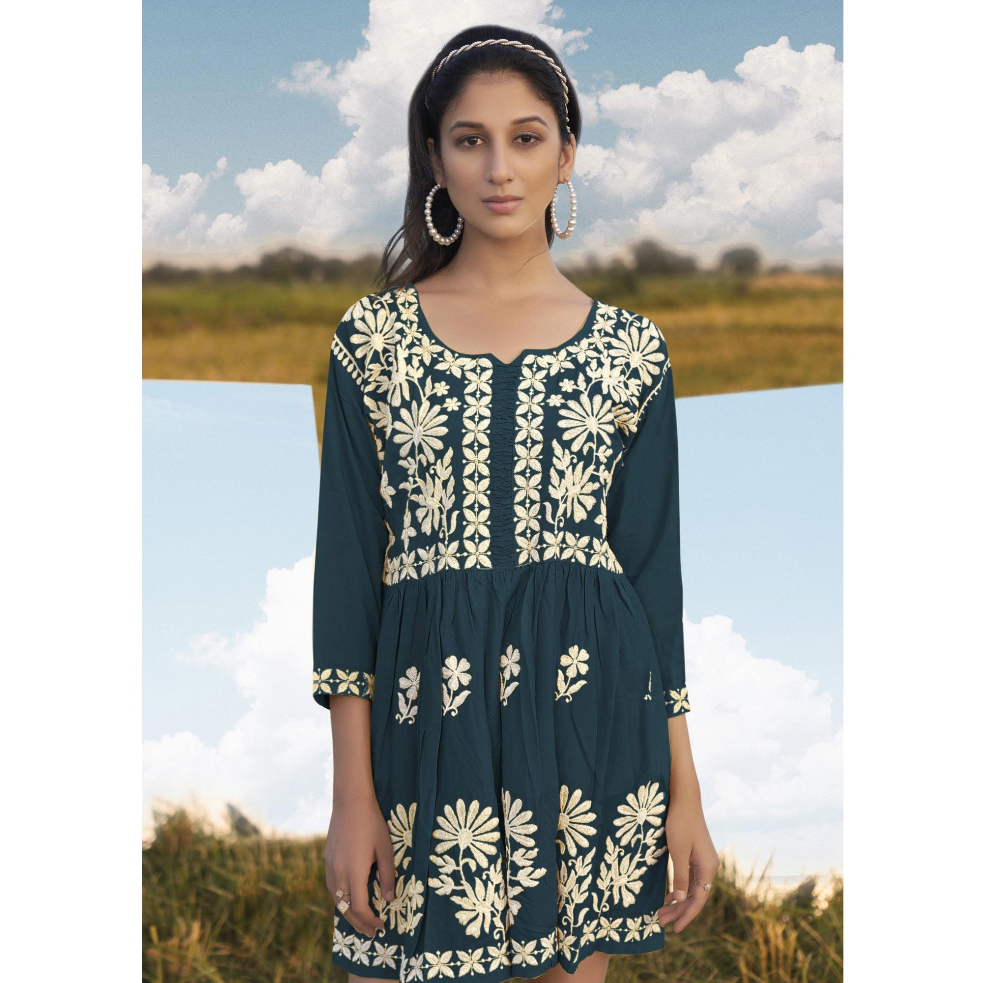 Teal Blue Lucknowi Embroidered Rayon Tunic