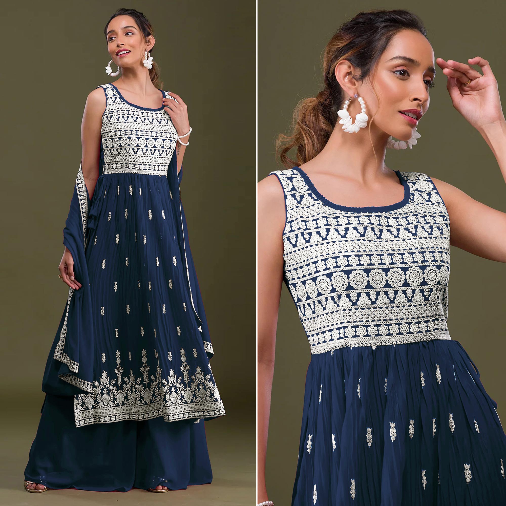 Blue Sequins Embroidered Georgette Semi Stitched Naira Cut Palazzo Suit