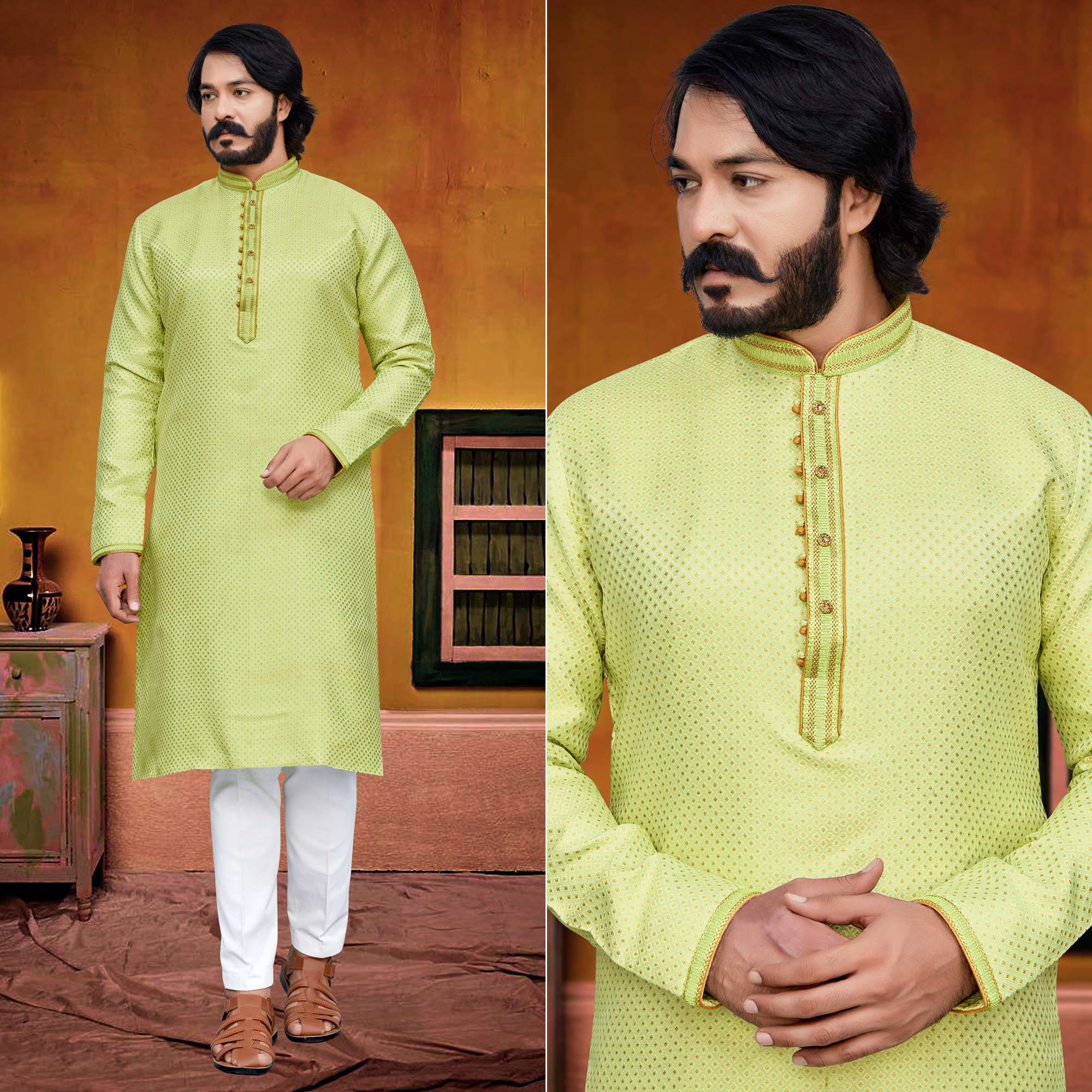 Pista Green Woven Jacquard Kurta Pyjama Set