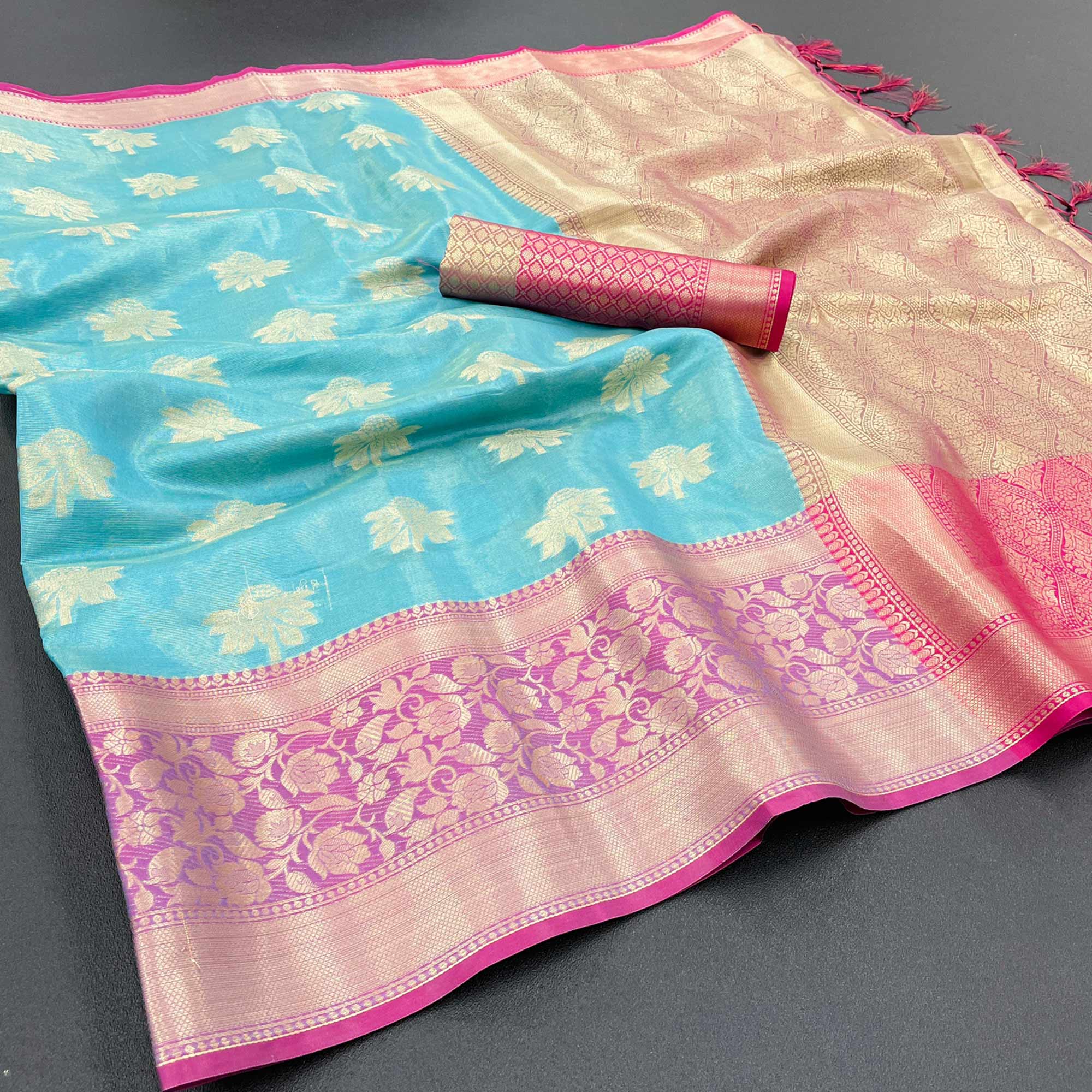 Firozi Woven Art Silk Saree With Tassels
