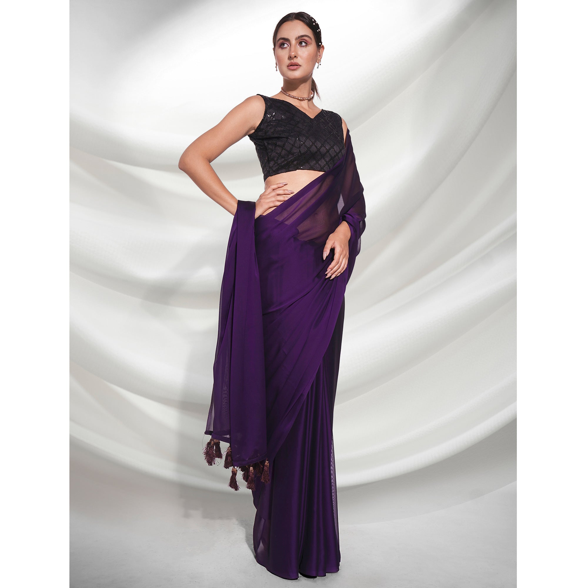 Dark Violet Solid Georgette Saree