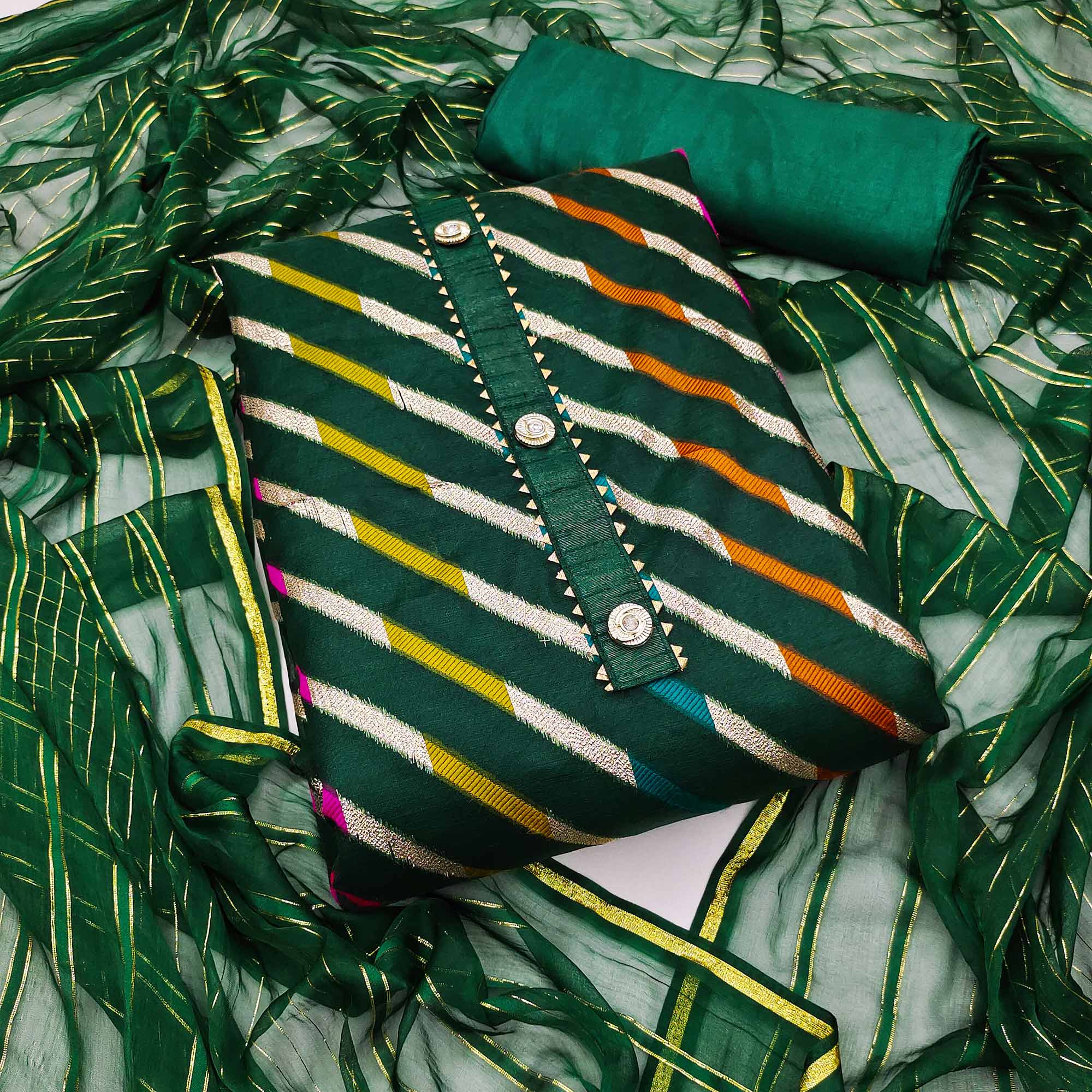 Green Woven Organza Dress Material