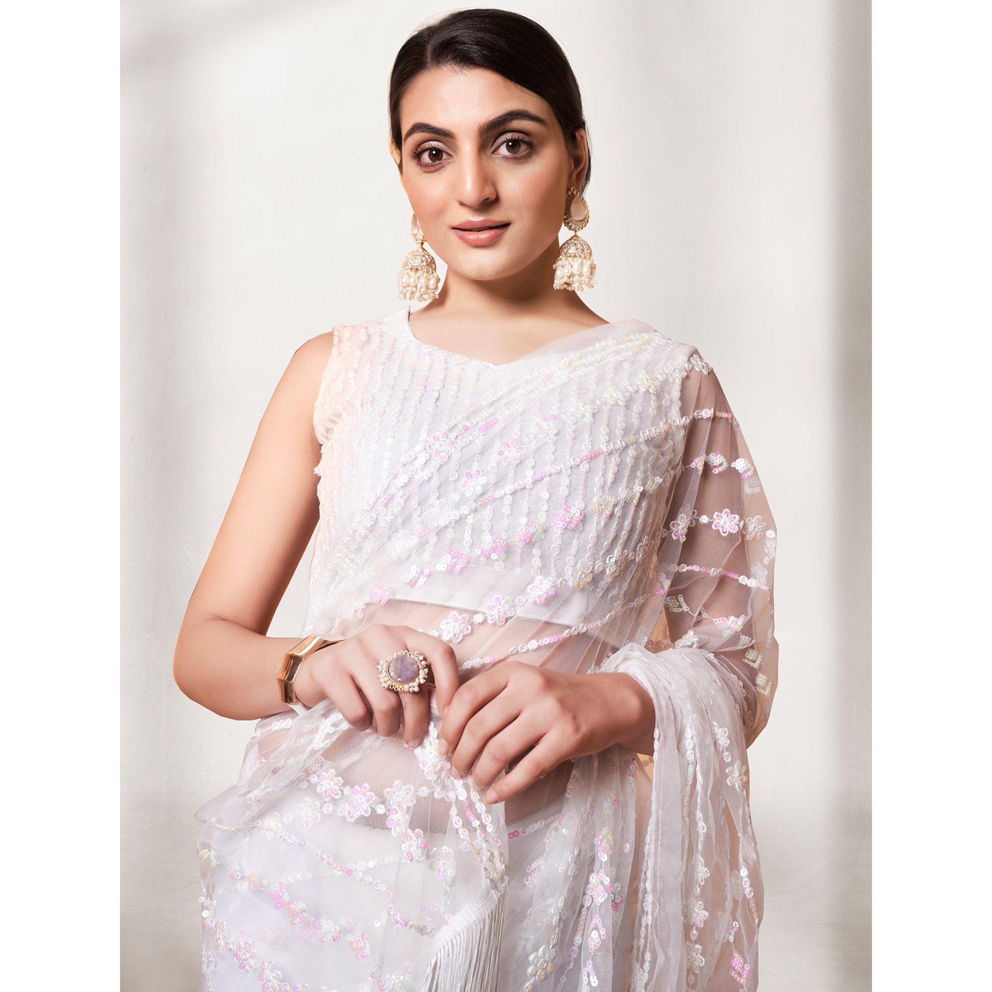 White Sequins Floral Embroidered Soft Net Saree