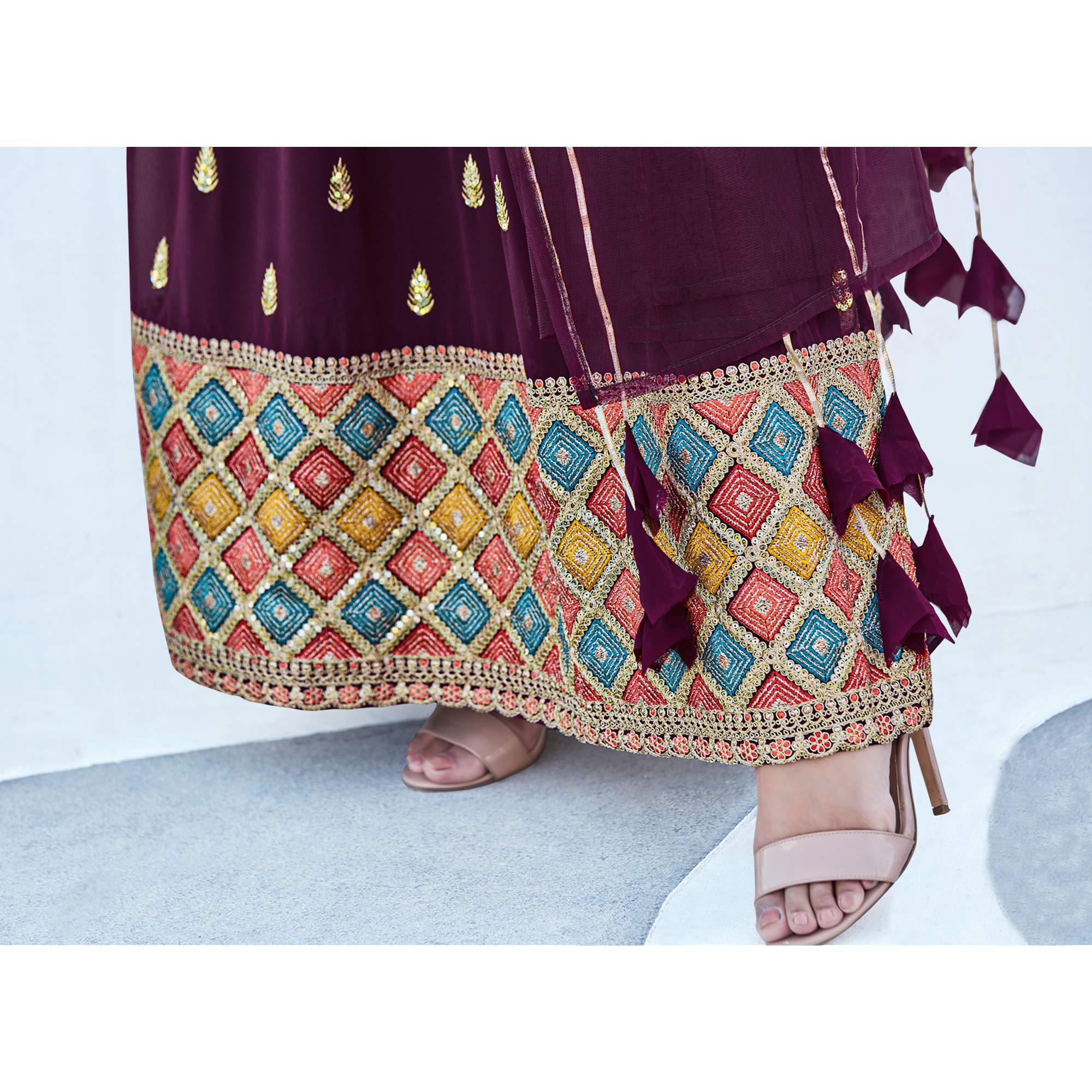 Wine Sequins Embroidered Georgette Naira Cut Suit