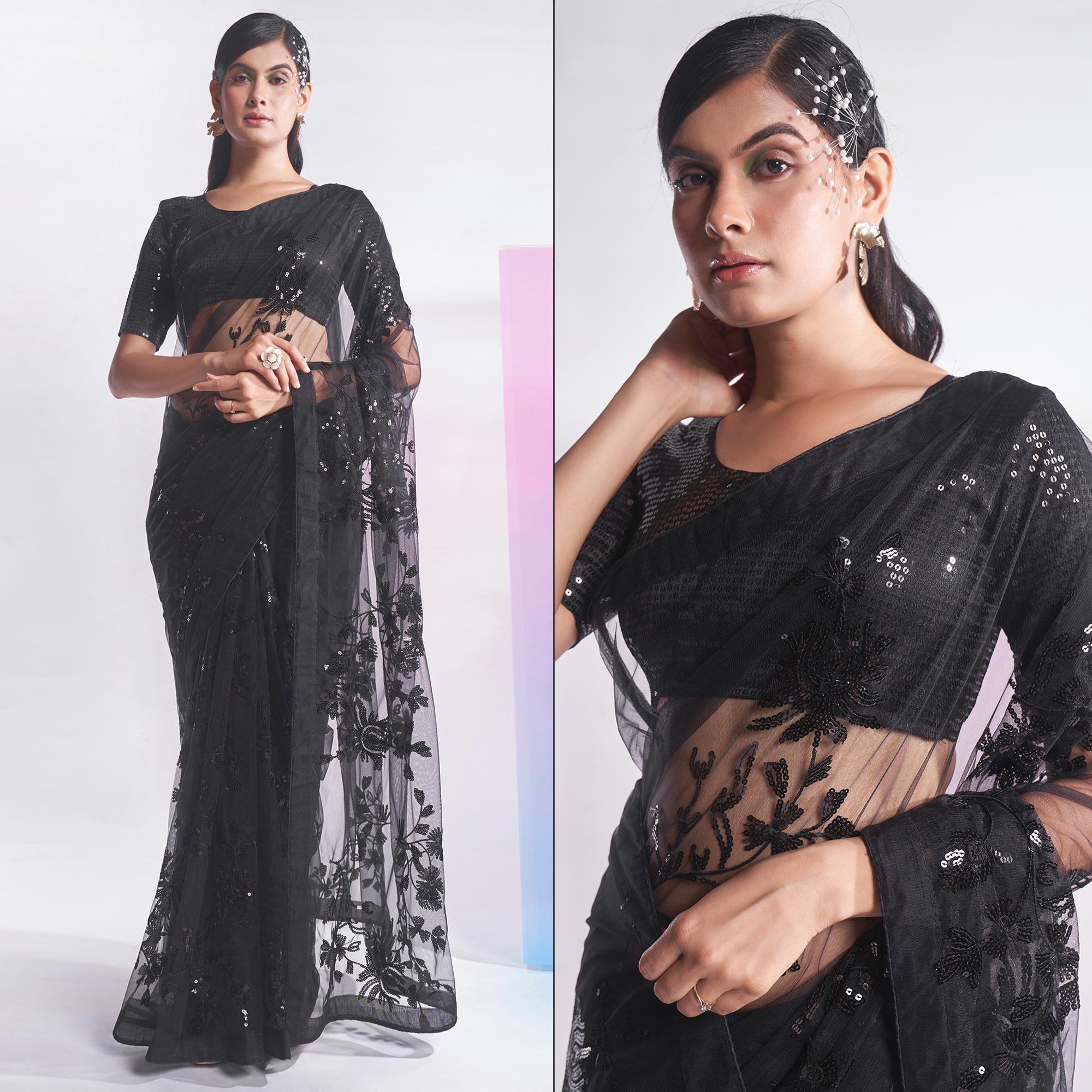 Black Floral Sequins Embroidered Soft Net Saree