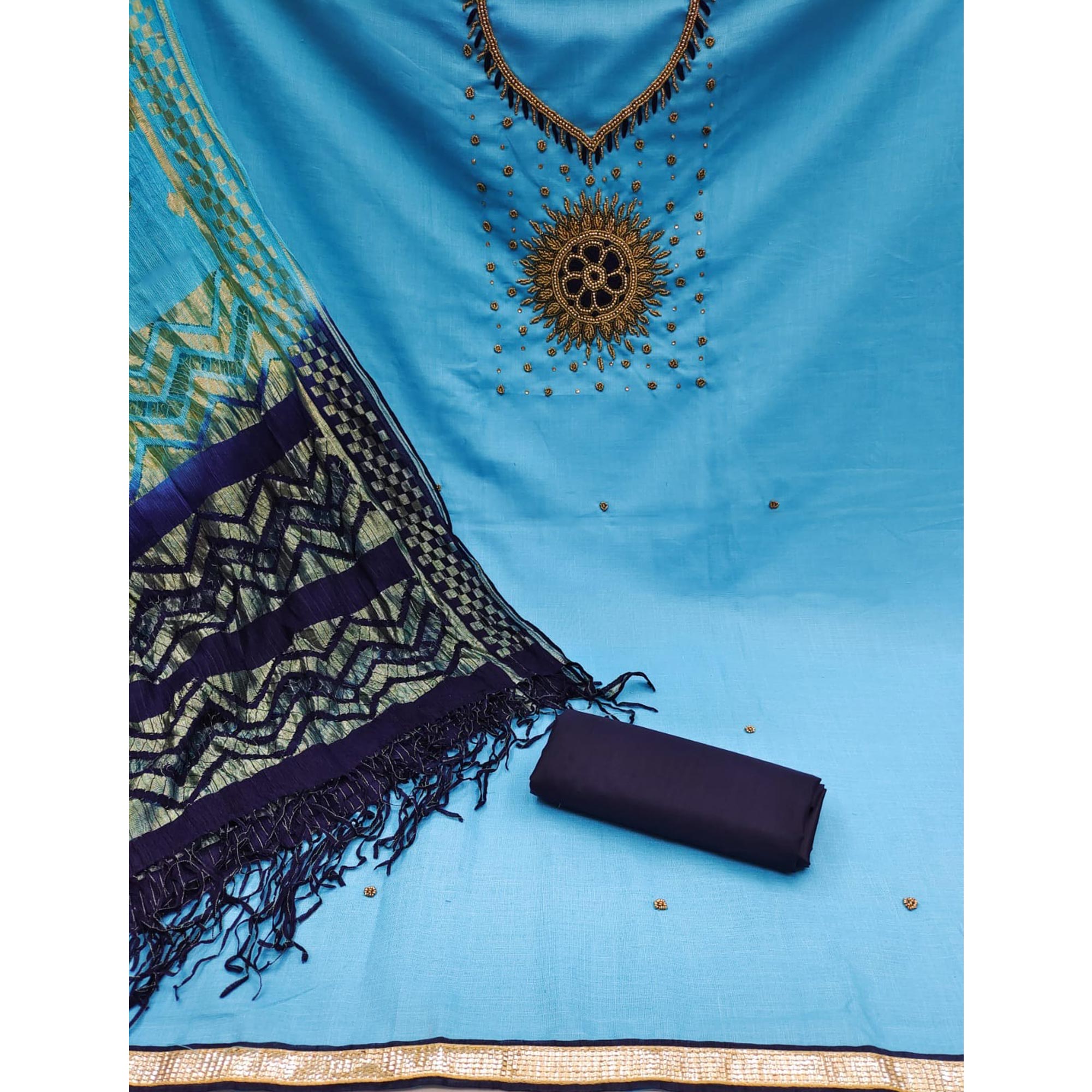 Sky Blue Pearl Handwork Cotton Slub Dress Material