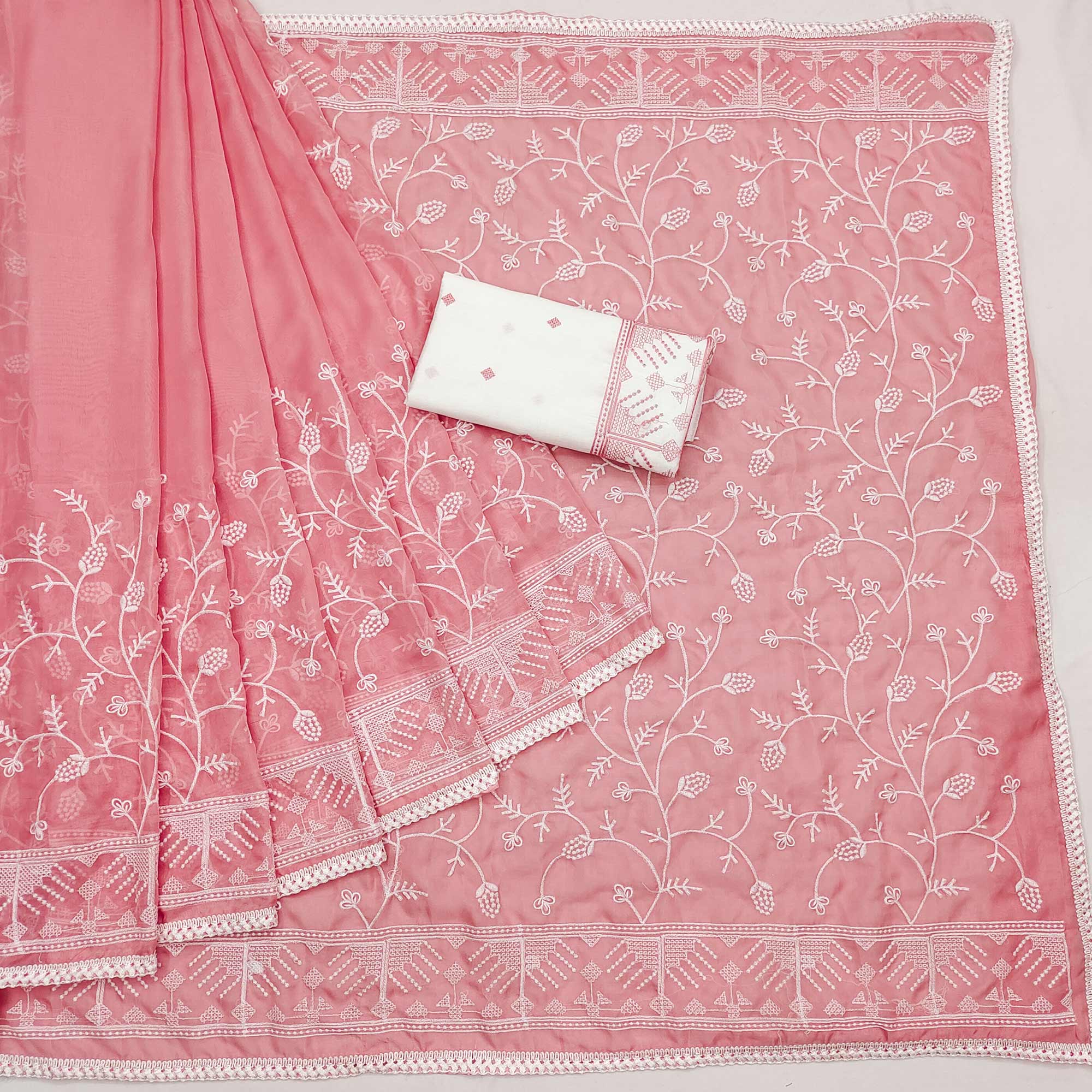 Peach Lucknowi Work Organza Saree