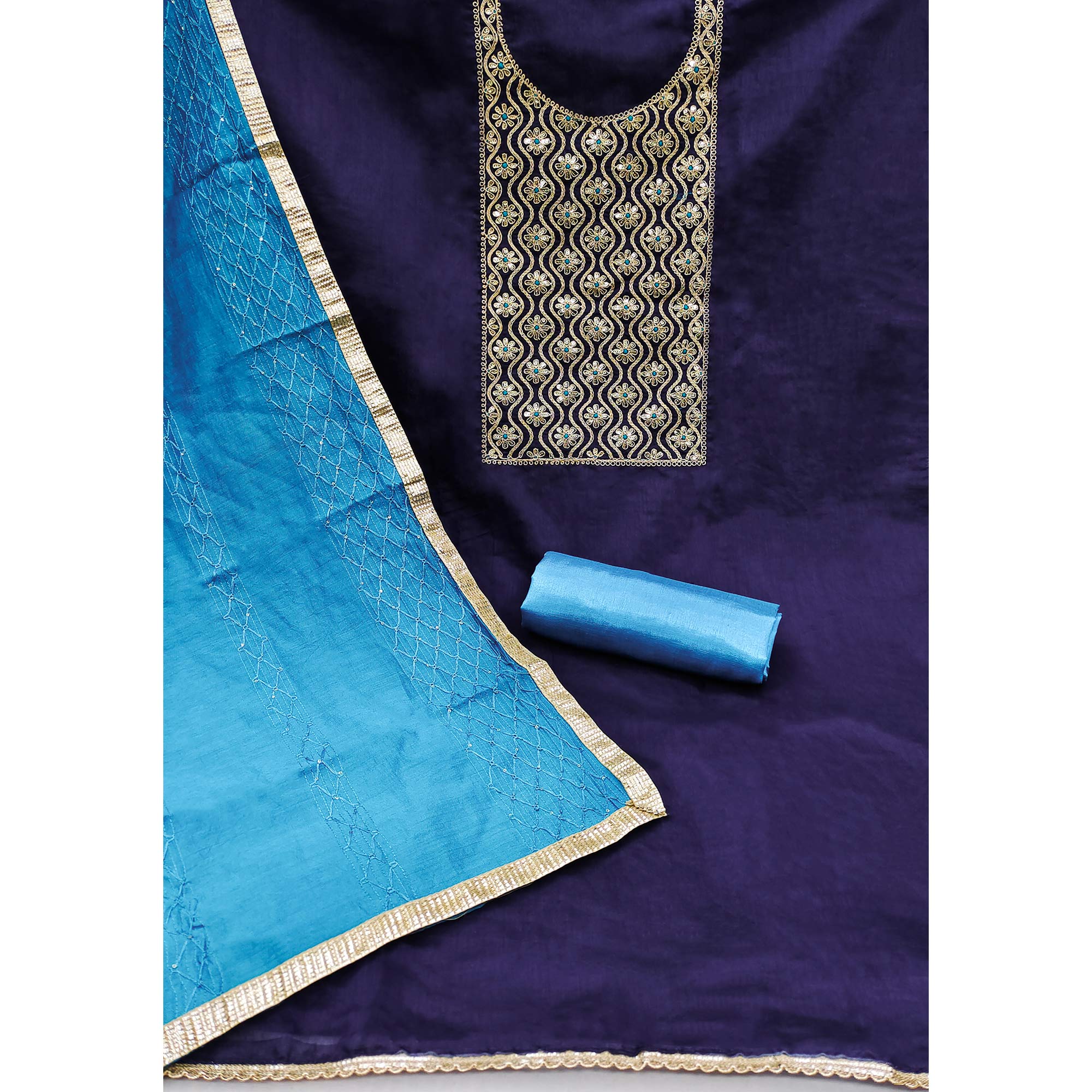 Navy Blue Sequins Floral Embroidered Modal Dress Material