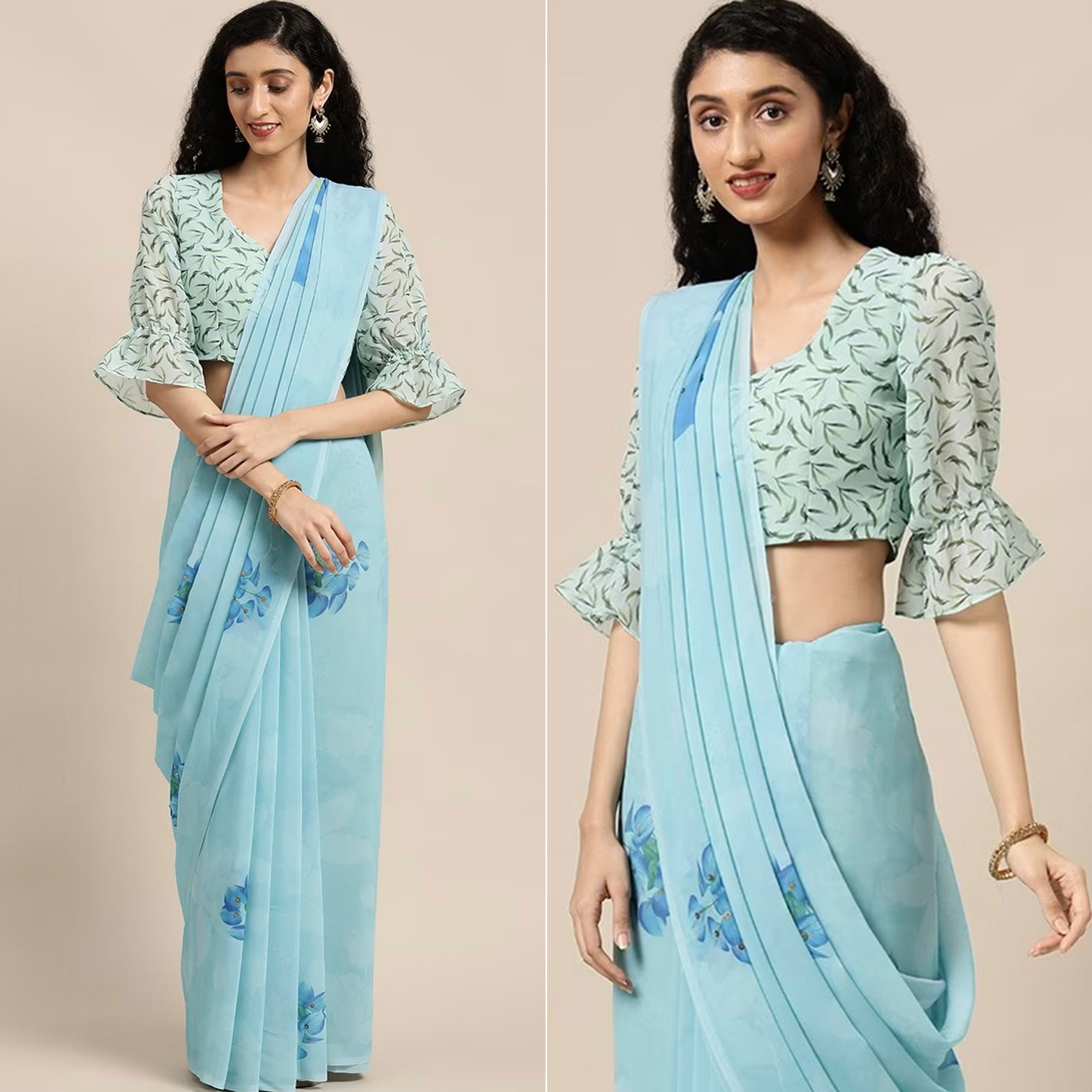 Sky Blue Floral Digital Printed Georgette Saree